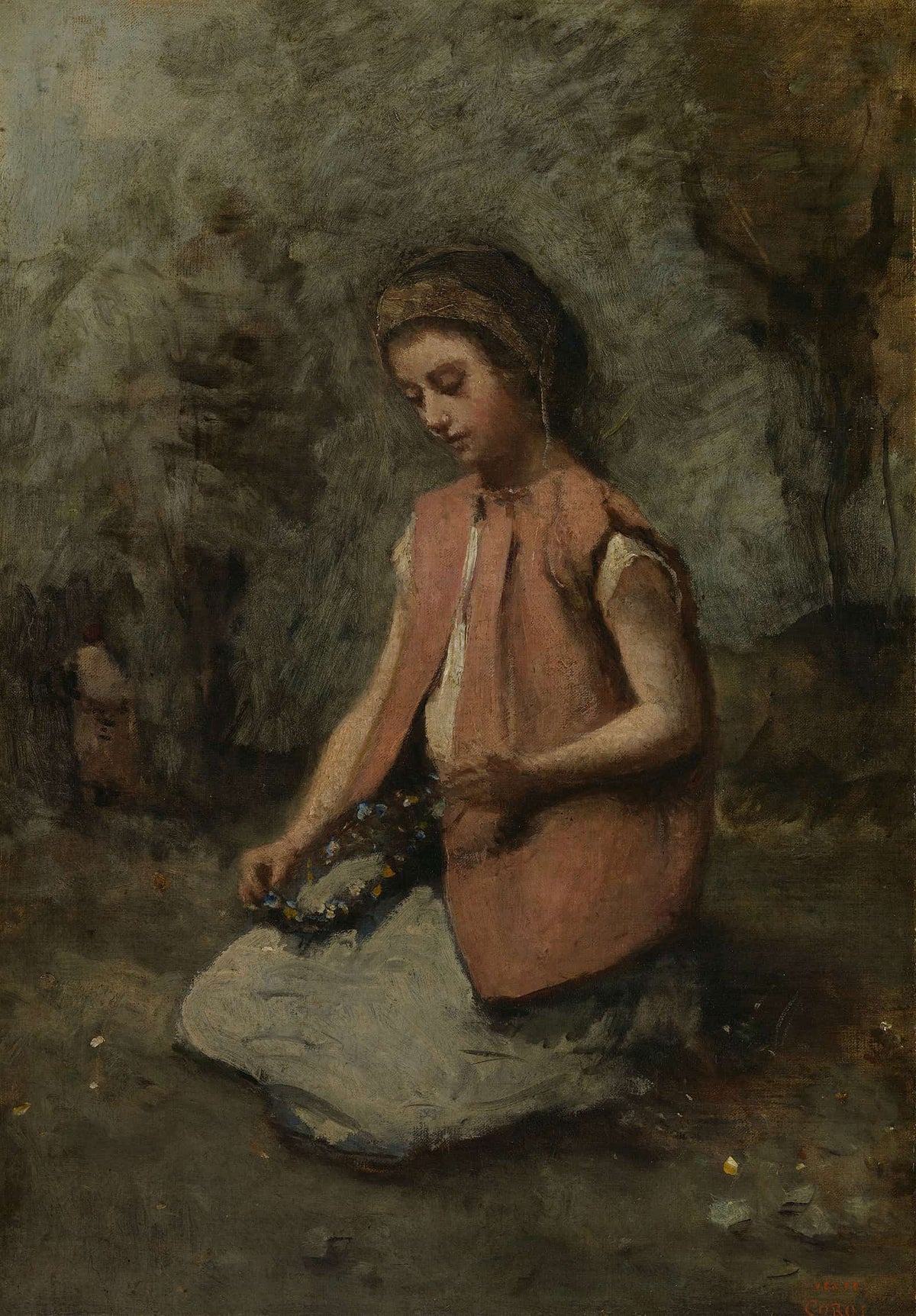 Girl Weaving A Garland   by Jean Baptiste Camille Corot