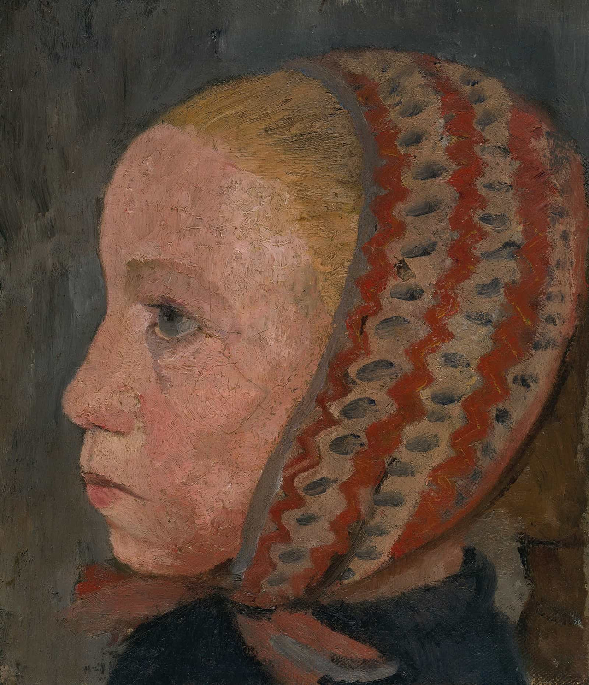 Girls Head With A Striped Cap In Profile To The Left by Paula Modersohn Becker