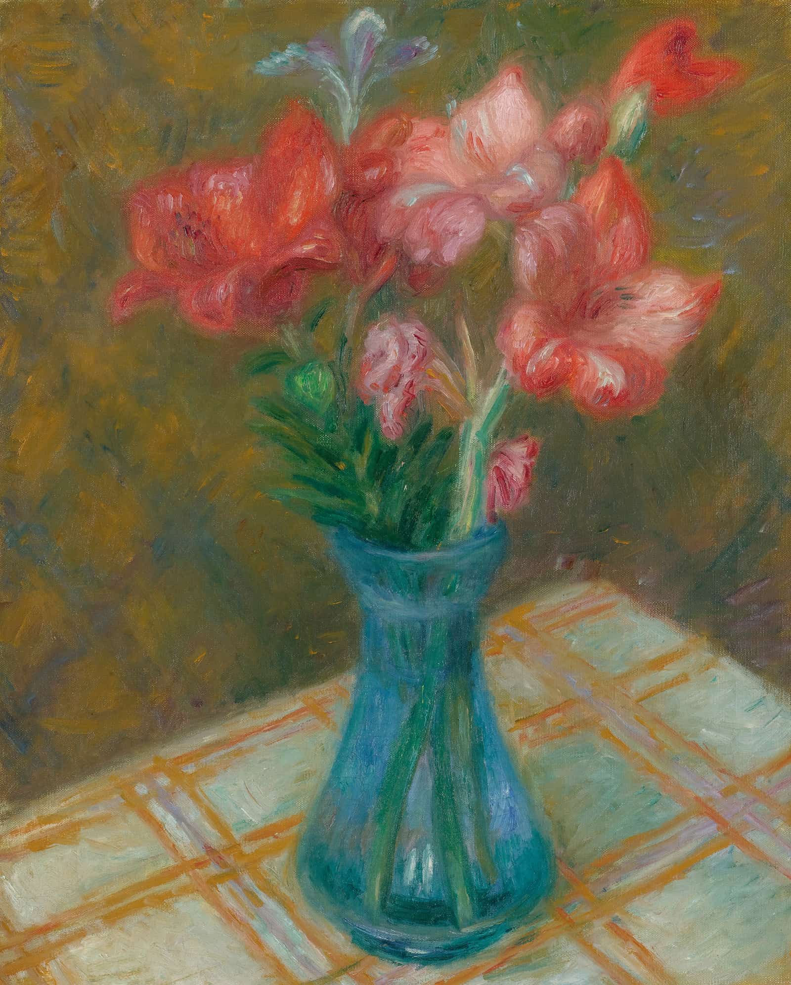 Gladiolas In Green Glass Vase by William James Glackens