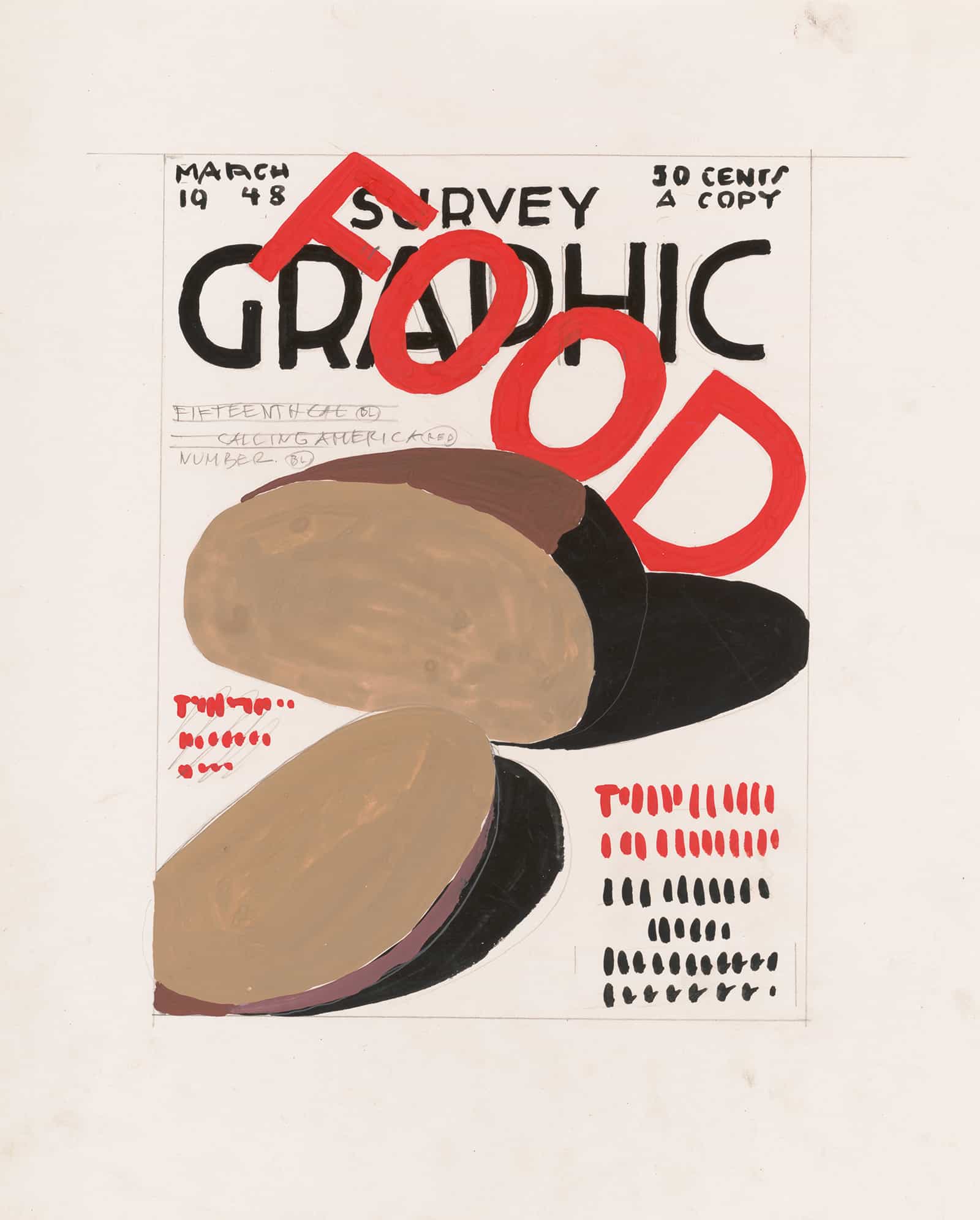 Graphic Design For Cover Of Survey Graphic Magazine Food Design With Text And Food Items by Winold Reiss