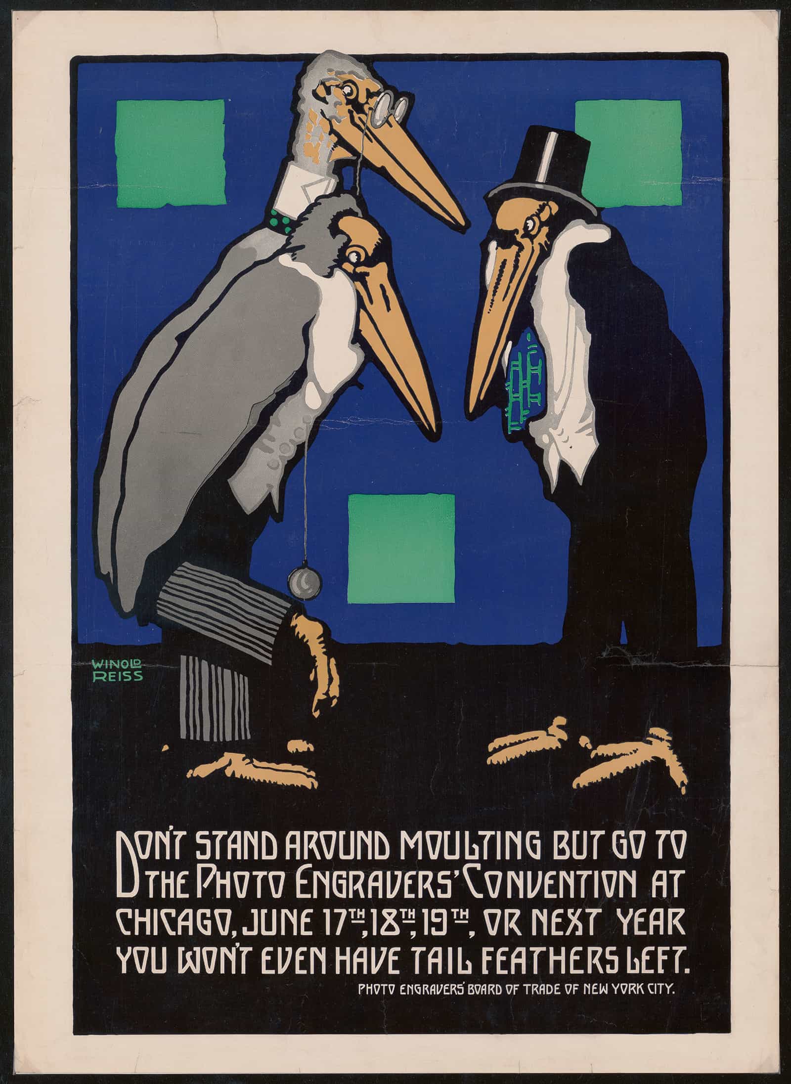 Graphic Design For Photo Engravers Convention Chicago Poster Featuring Cartoon Like Storks by Winold Reiss