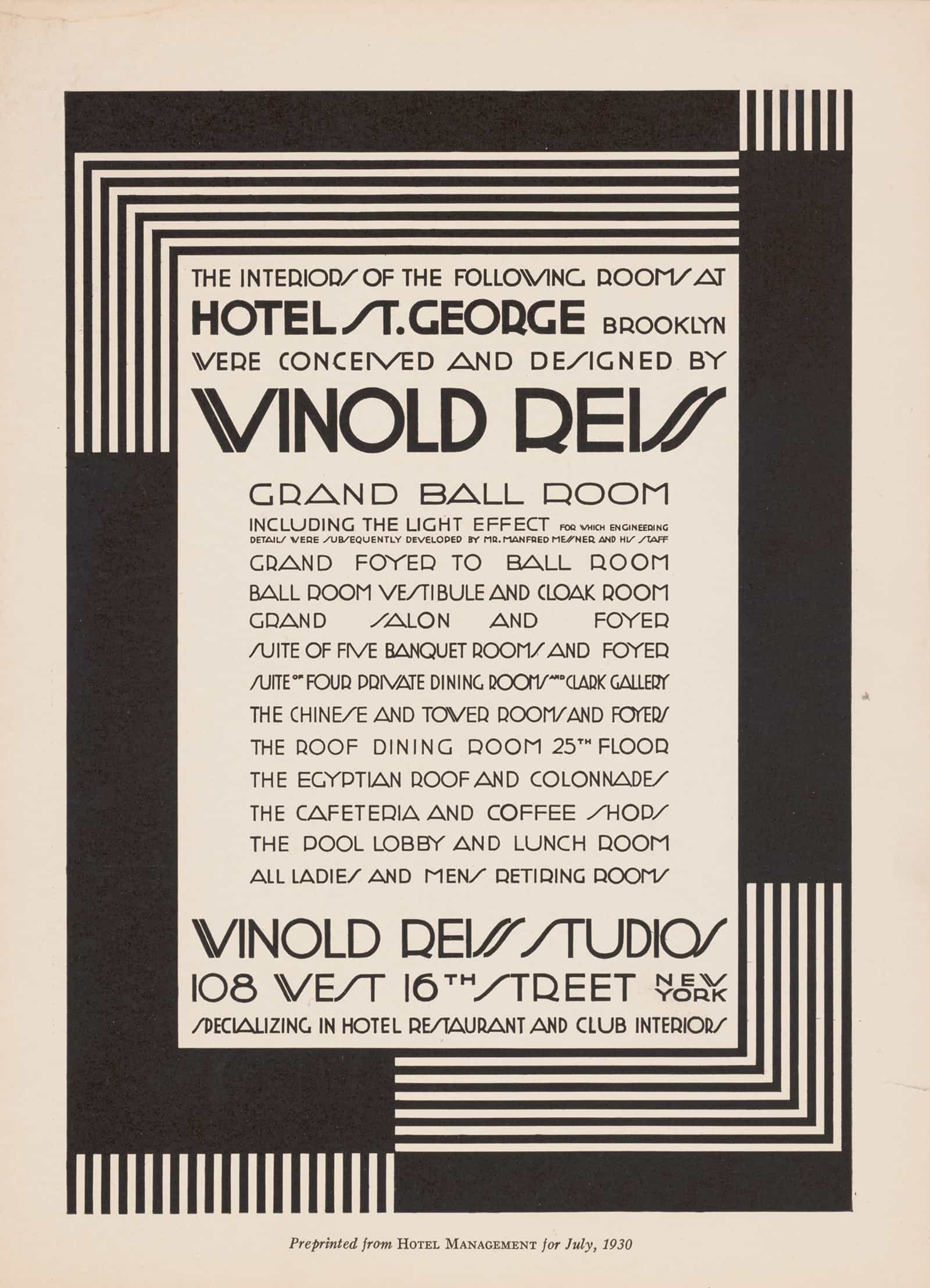 Graphic Design For St George Hotel Advertisement In Hotel Management Magazine by Winold Reiss