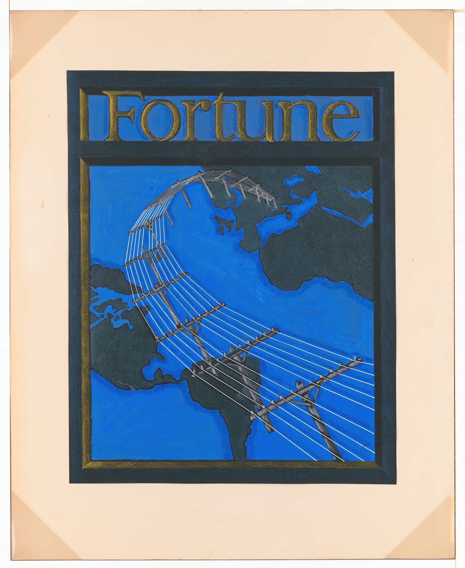 Graphic Designs For Fortune Magazine Study For Cover With Telephone Lines Spanning The Globe by Winold Reiss