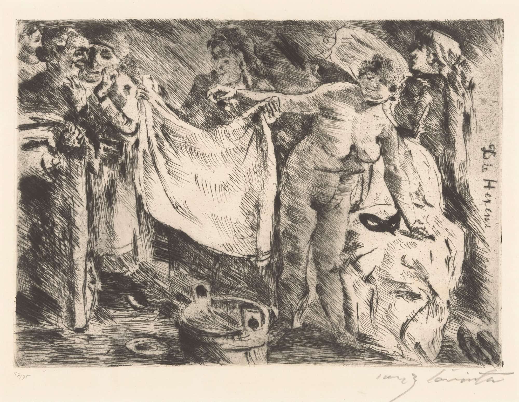 Groep Vrouwen Waarvan Een Naakt En Een Ander Een Doek Omhooghoudend by Lovis Corinth