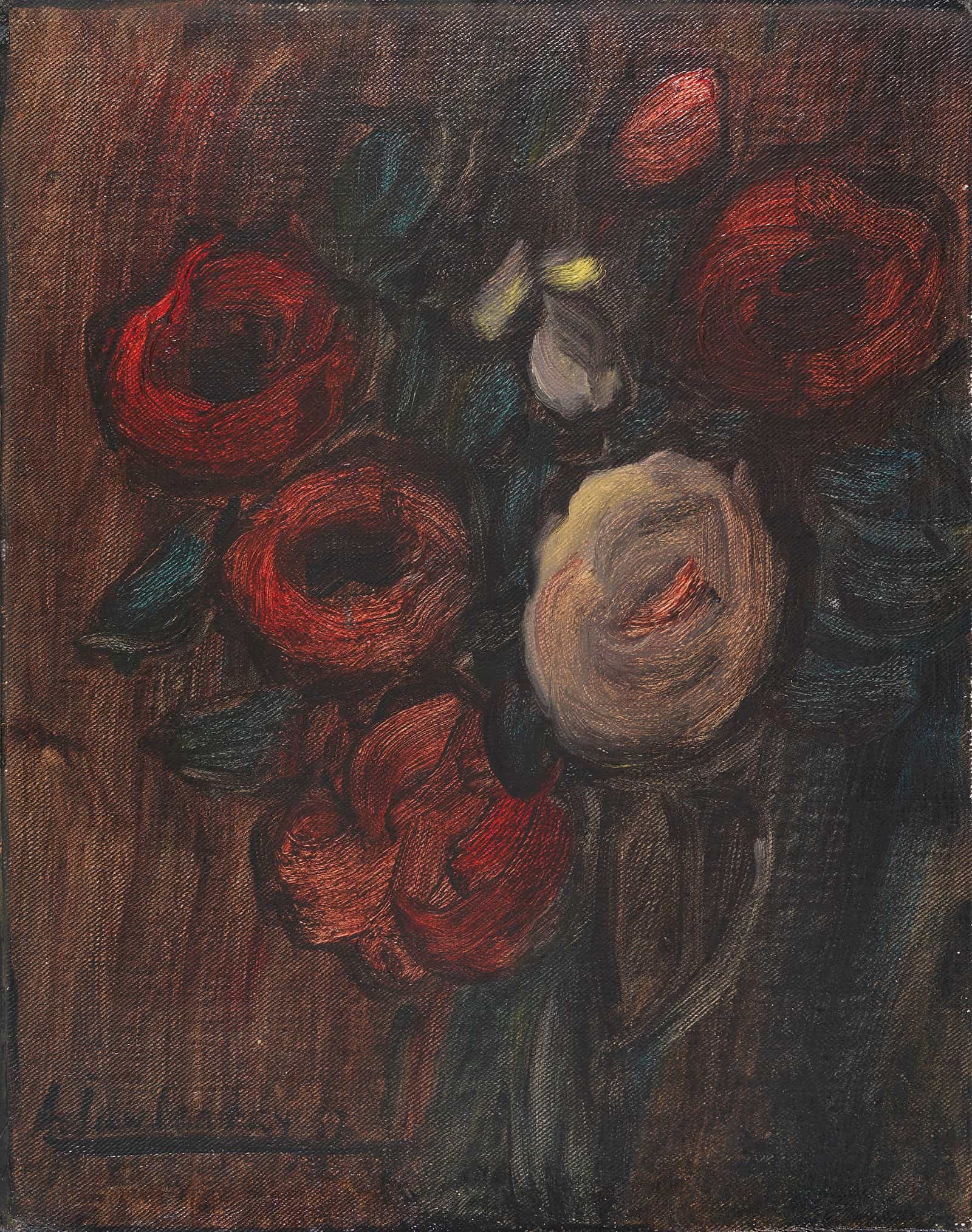 Grosses Stillleben Gruner Krug Mit Pfingstrosen Dunkles Rosenbouquet by Alexej Von Jawlensky