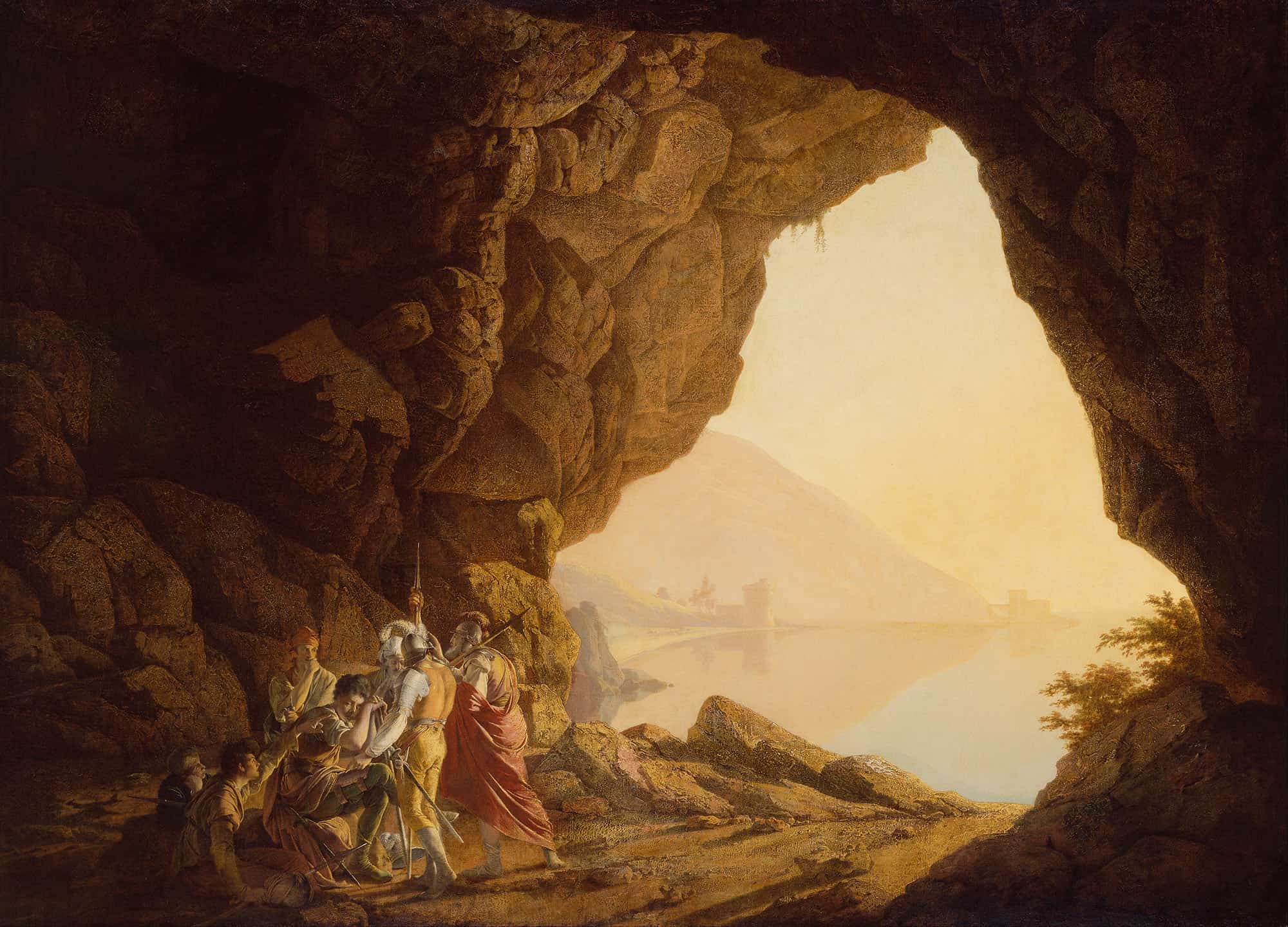 Grotto By The Seaside In The Kingdom Of Naples With Banditti Sunset by Joseph Wright Of Derby