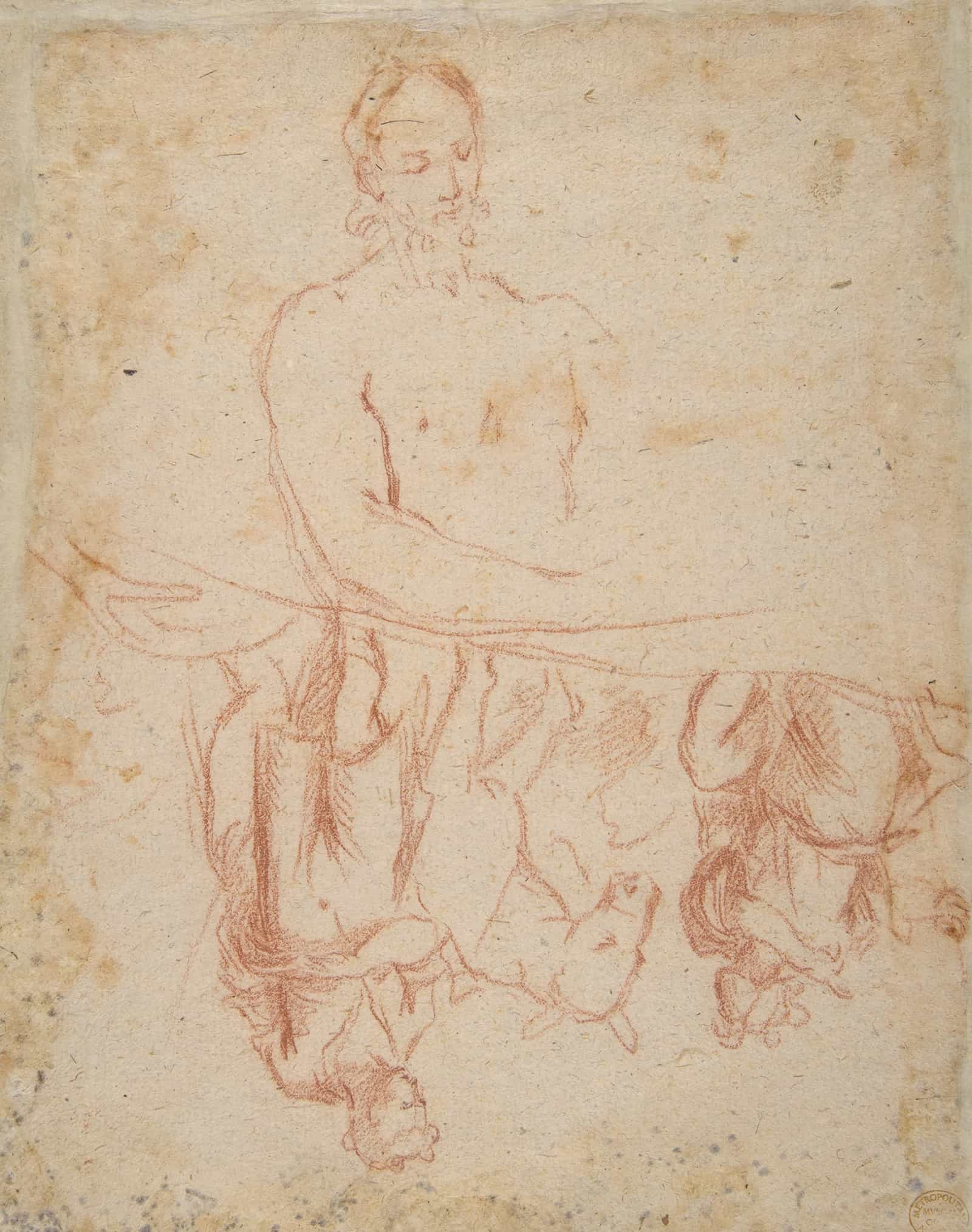 Half Length Study Of Bearded Nude Male Figure And A Man And Woman With Donkey   by Salvator Rosa