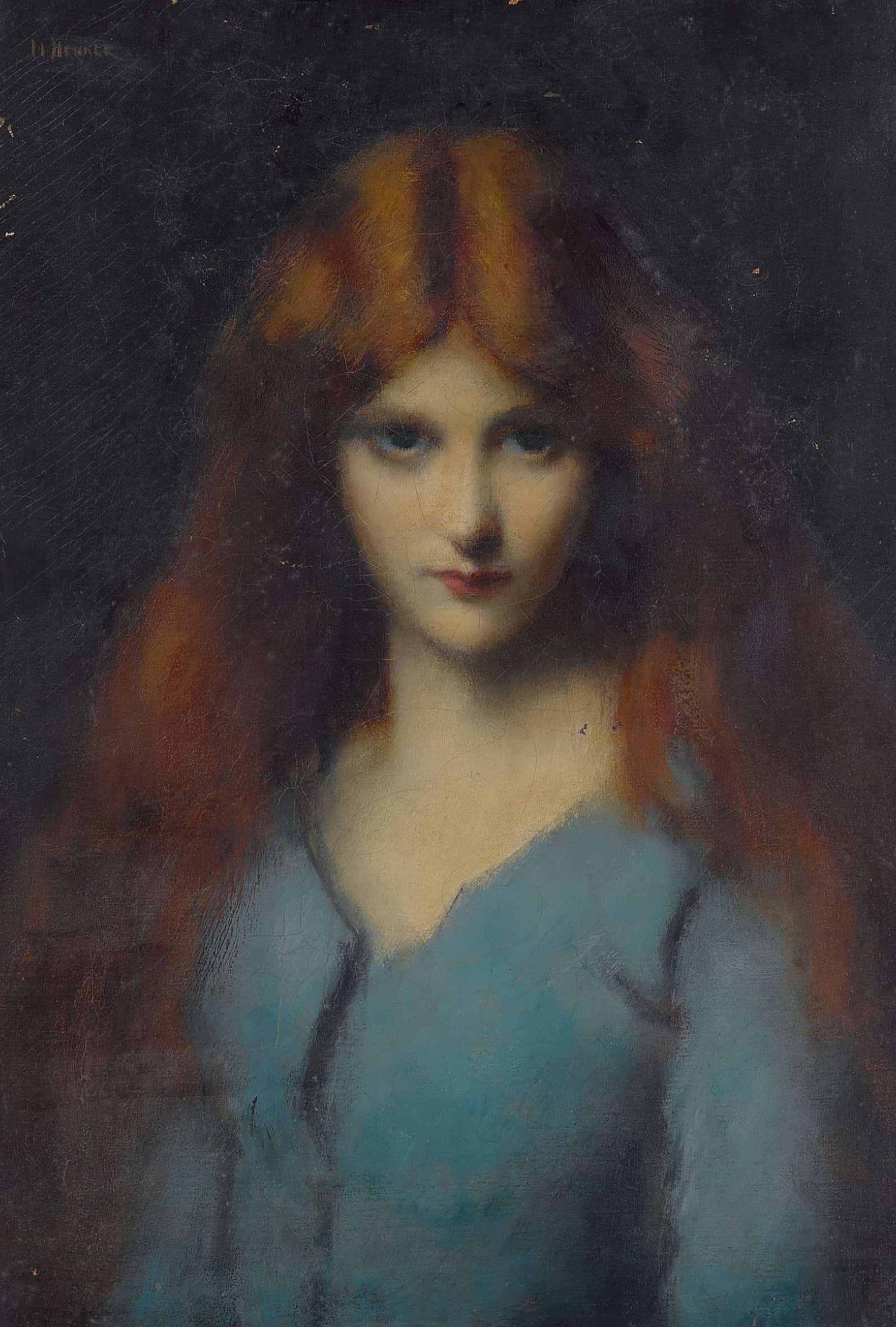 Head Of A Young Girl In A Blue Dress by Jean Jacques Henner