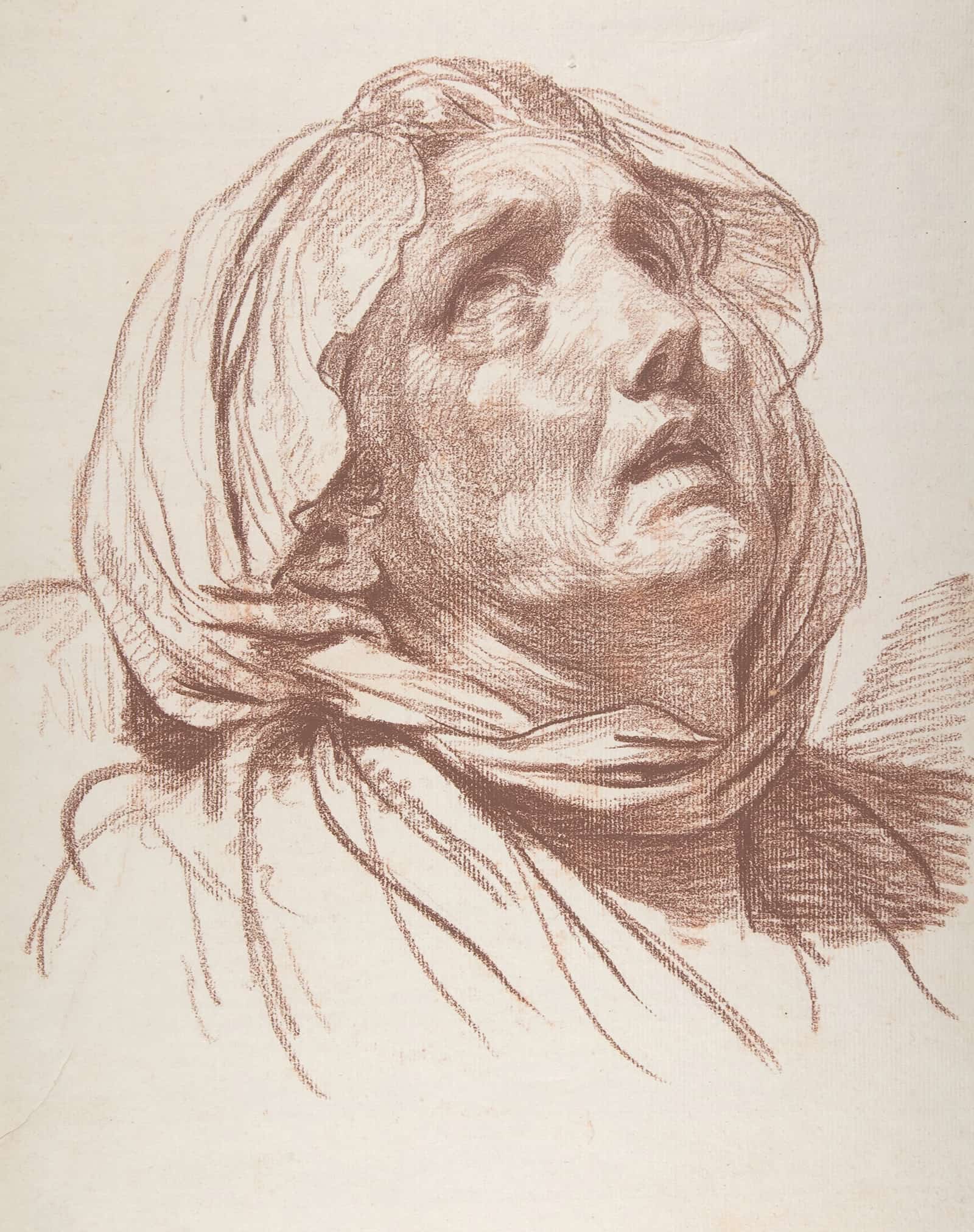 Head Of An Old Woman Looking Up by Jean Baptiste Greuze