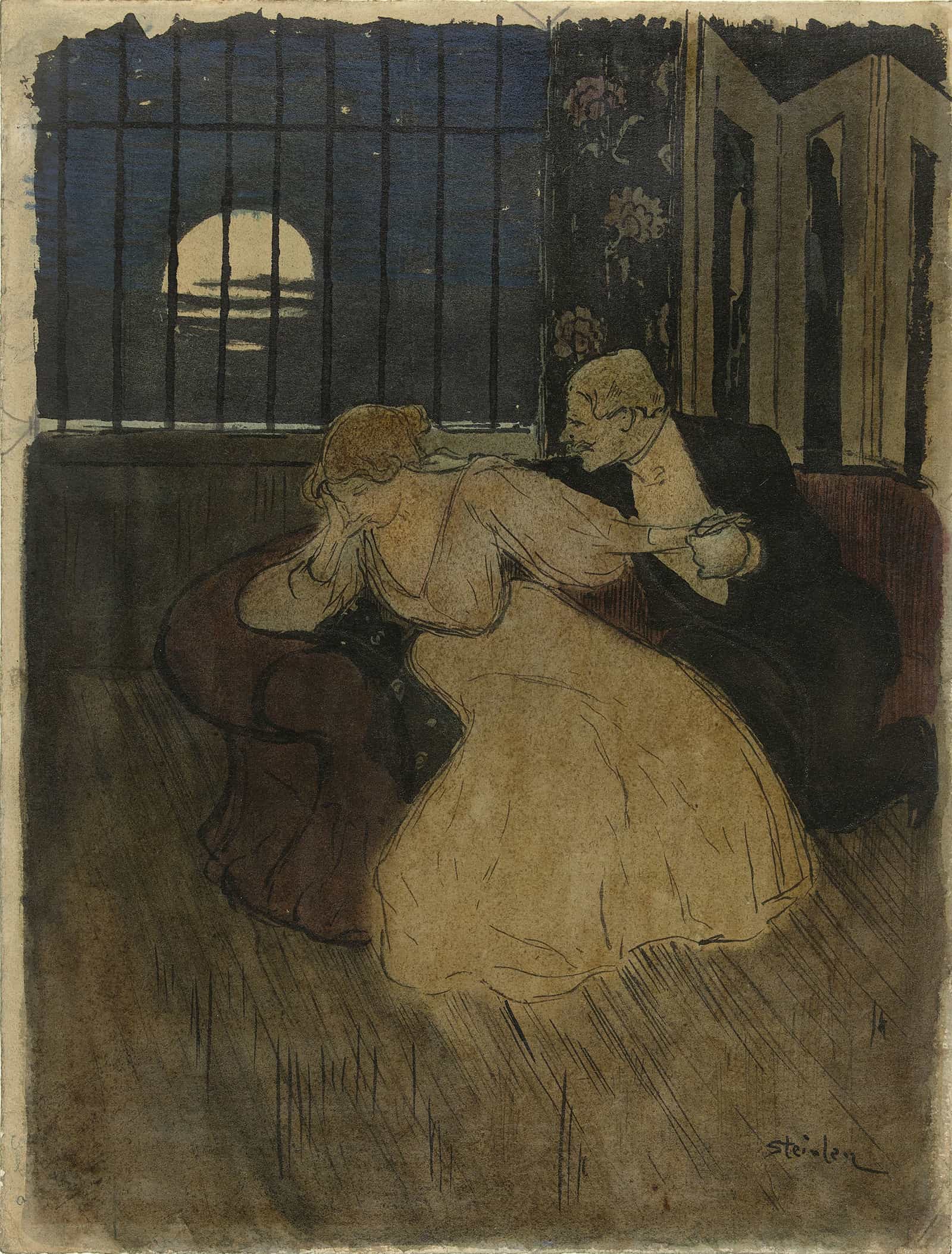 Heer In Rok Tracht Een Twijfelende Dame Op Een Sofa Te Overreden  by Theophile Alexandre Steinlen