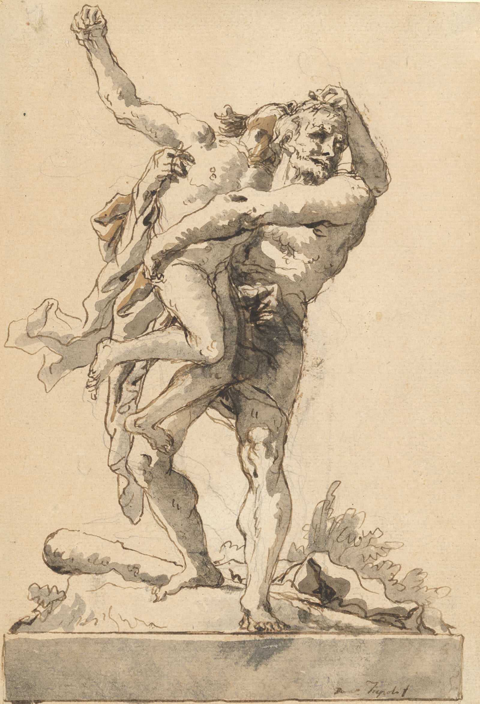 Hercules And Antaeus With A Base Below Late Th Century by Giovanni Domenico Tiepolo
