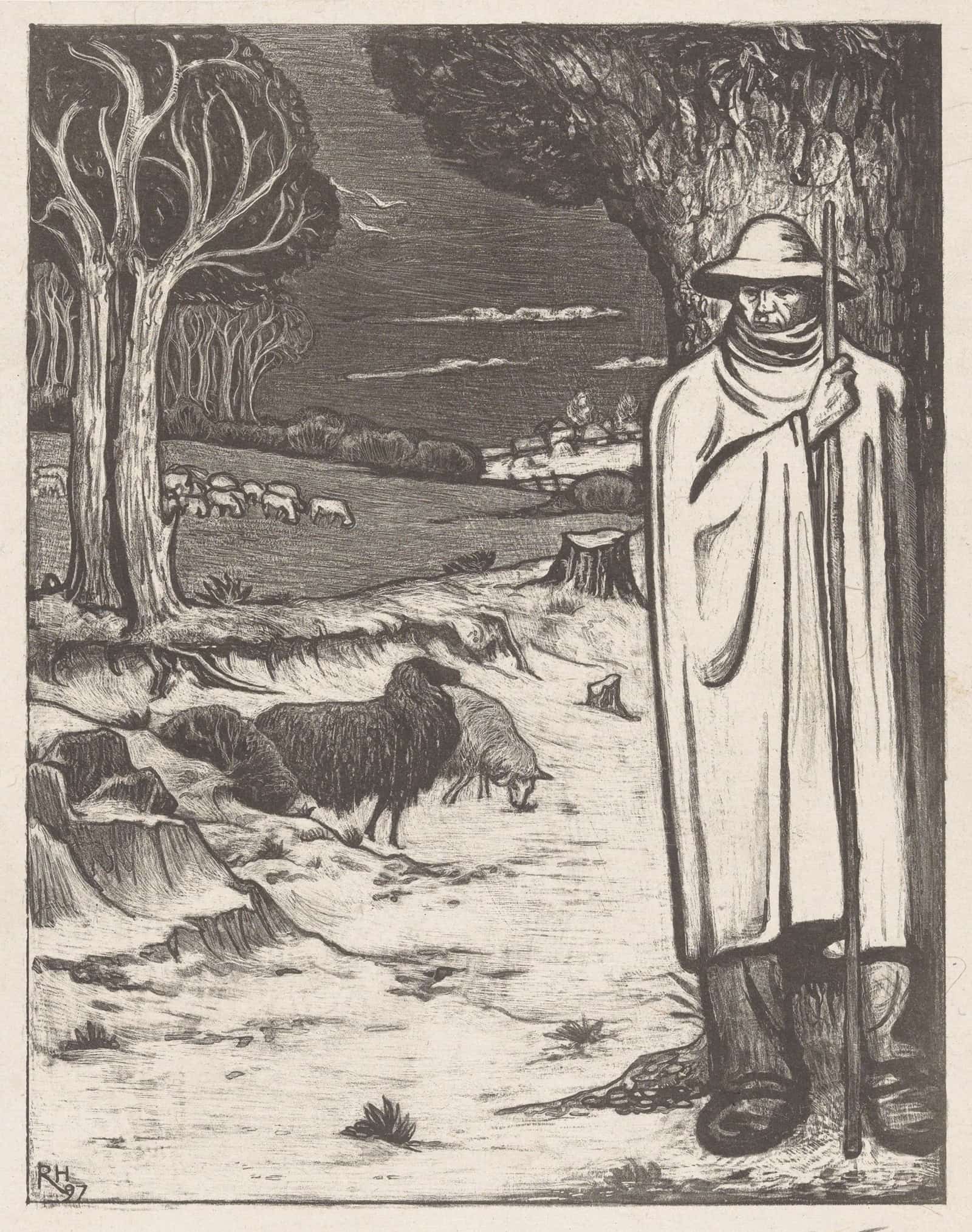 Herder Met Een Kudde Schapen In Een Heuvellandschap by Richard Nicolaus Roland Holst