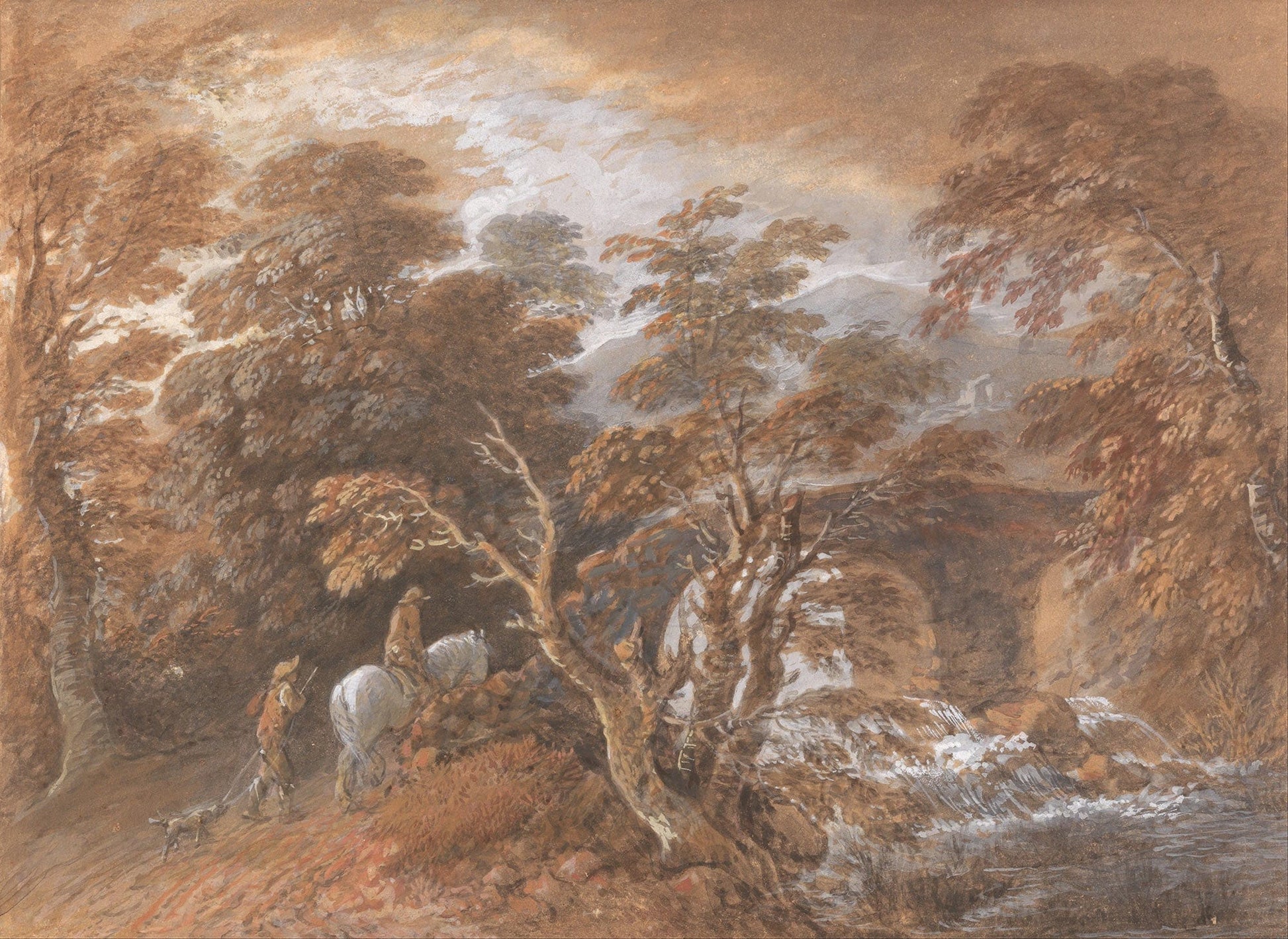 Hilly Landscape With Figures Approaching A Bridge by Thomas Gainsborough