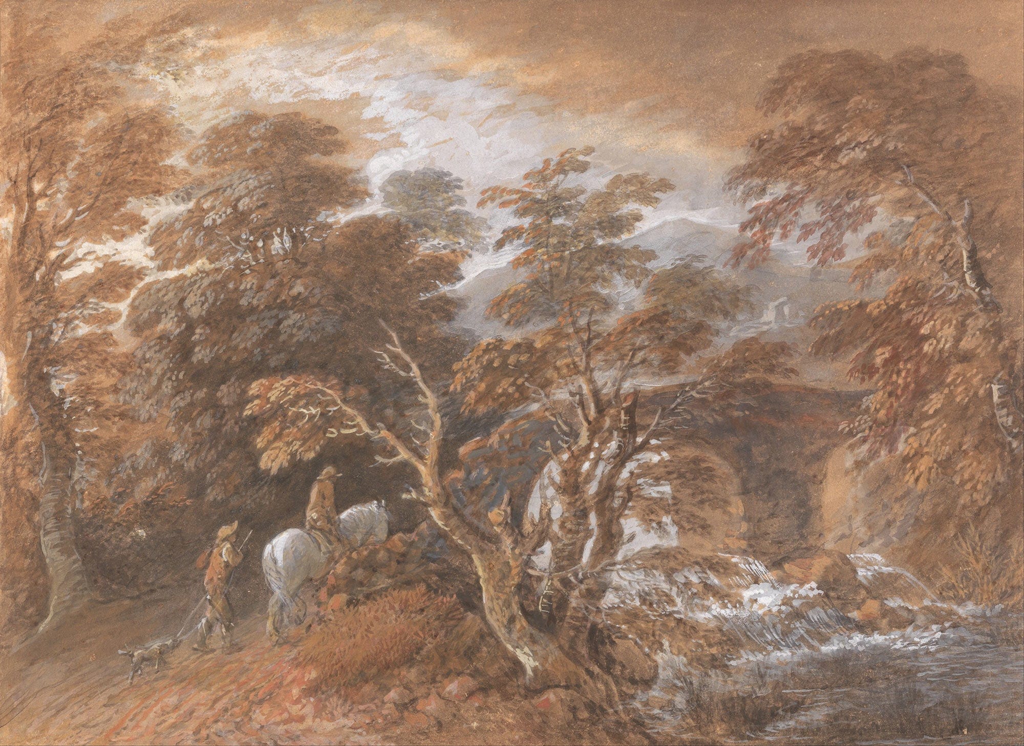 Hilly Landscape With Figures Approaching A Bridge by Thomas Gainsborough