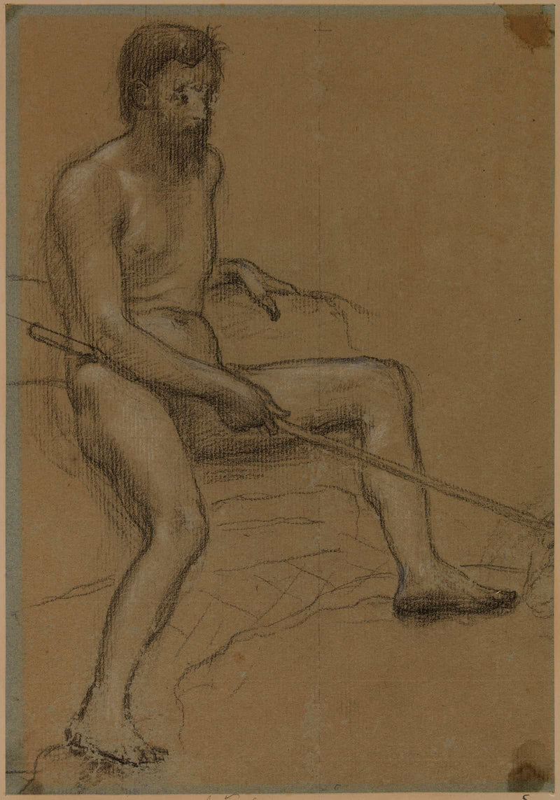 Homme Nu Assis Tenant Un Baton Dans La Main Droite by Pierre Puvis De Chavannes