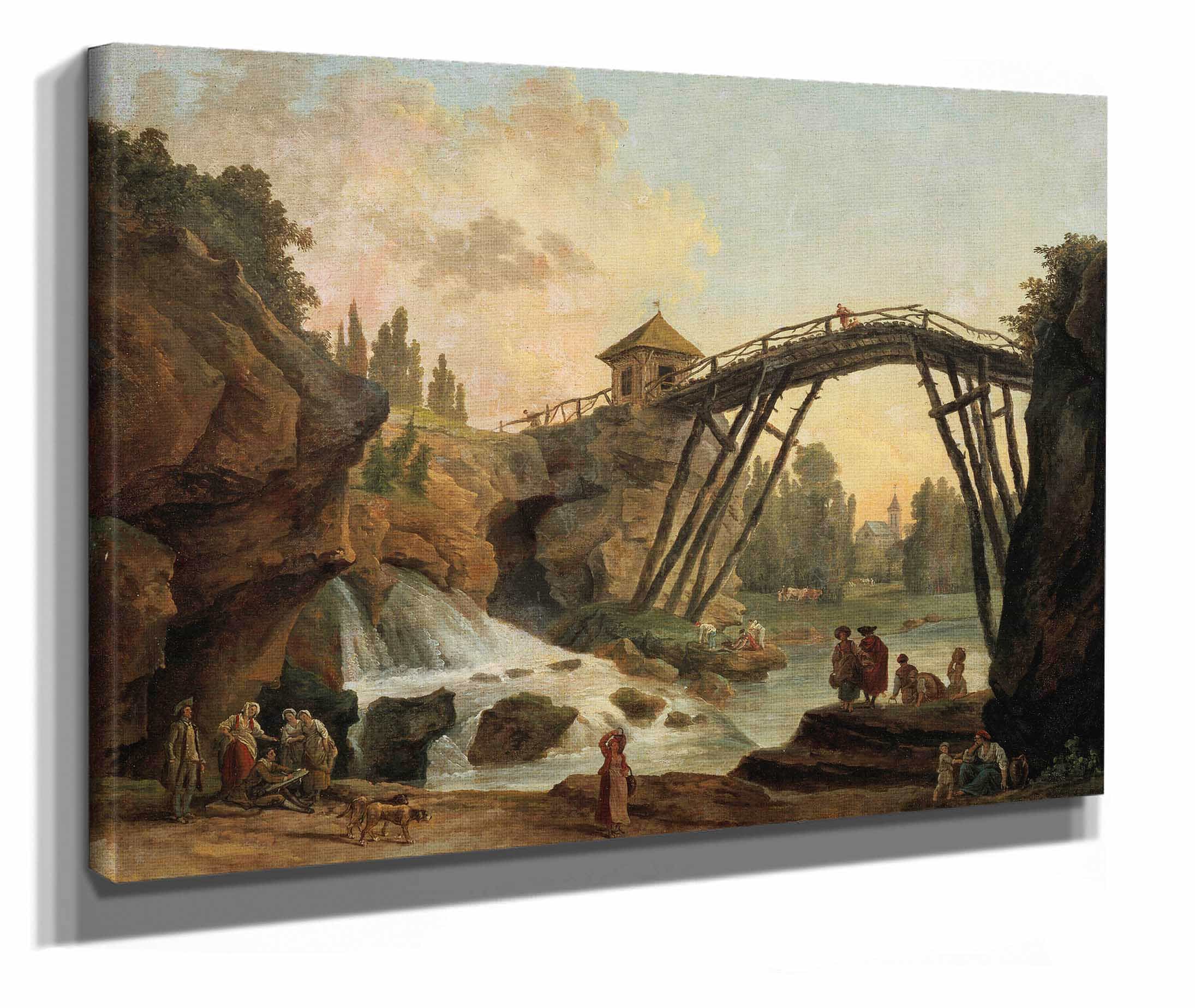 Hubert Robert, Dragonman Drawing the Wooden Bridge in the Park of Merville,  painting, oil on canvas, Height, 65 cm (25.5 inches), Width, 81 cm (31.8  inches), Inscriptions, Signature, H Robert, Reimagined by