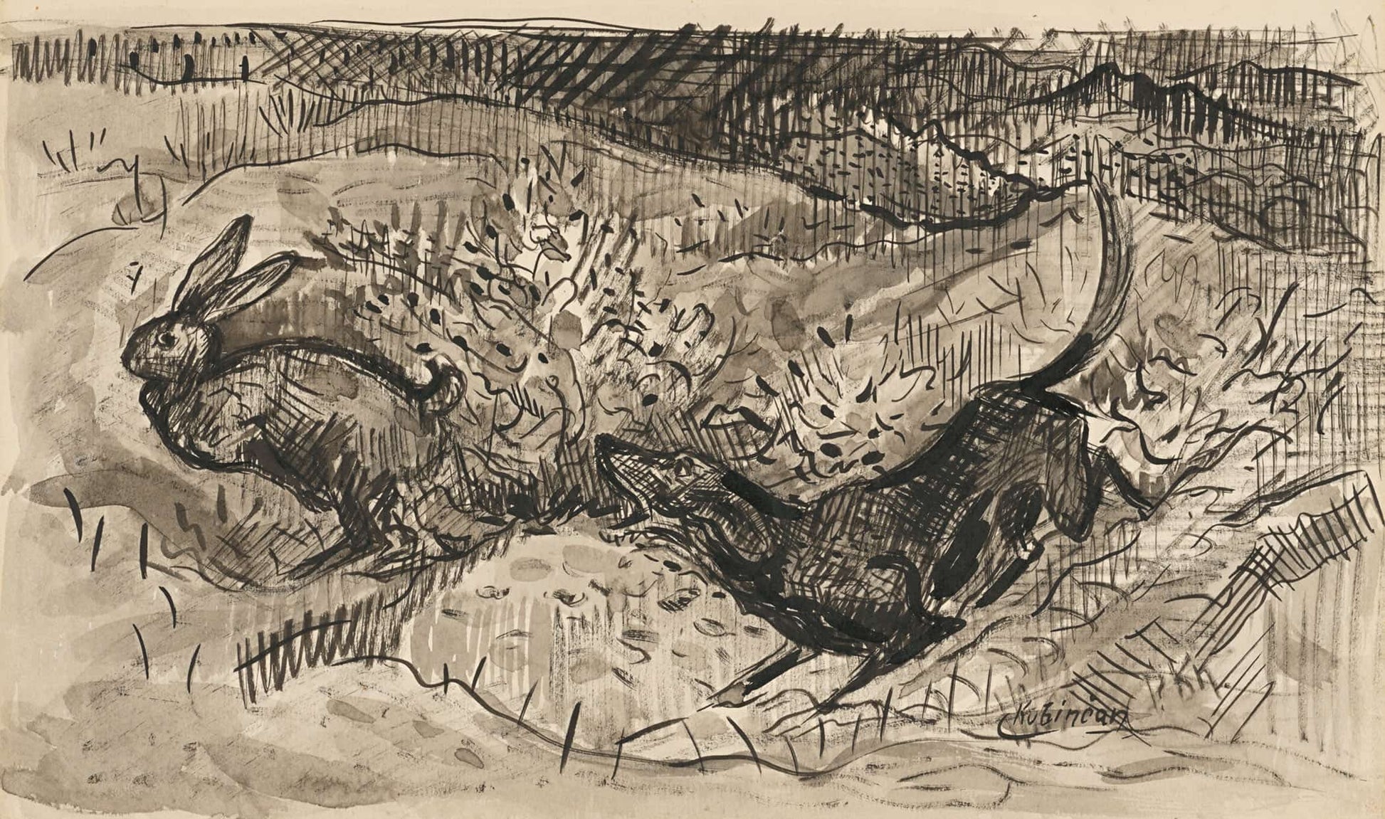 Hunting Scene Hare And Dog by Arnold Peter Weisz Kubincan
