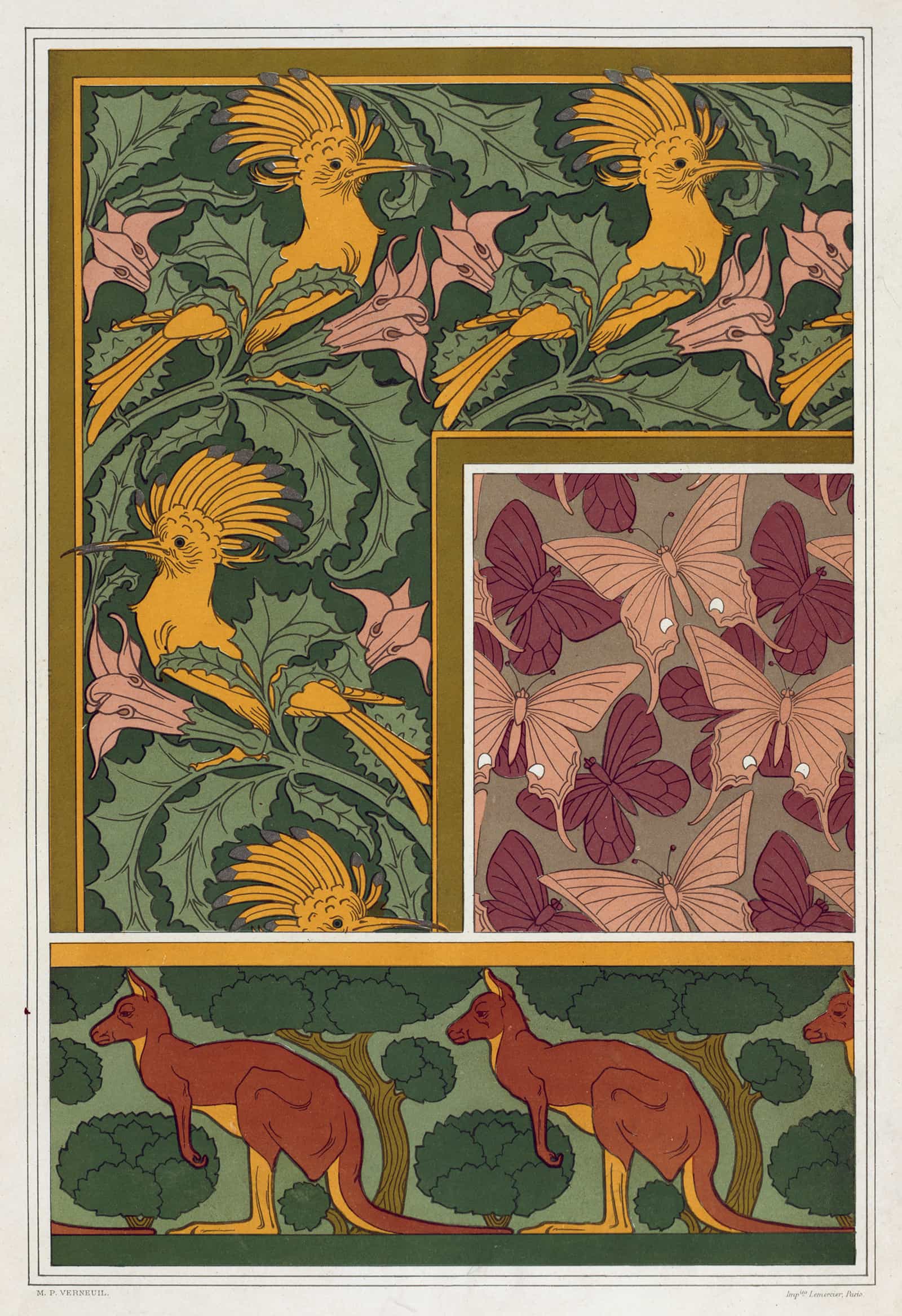 Huppes Et Stramoine Bordure Papillons Etoffe De Soie Kangourou Et Arbres Bordure by Maurice Pillard Verneuil