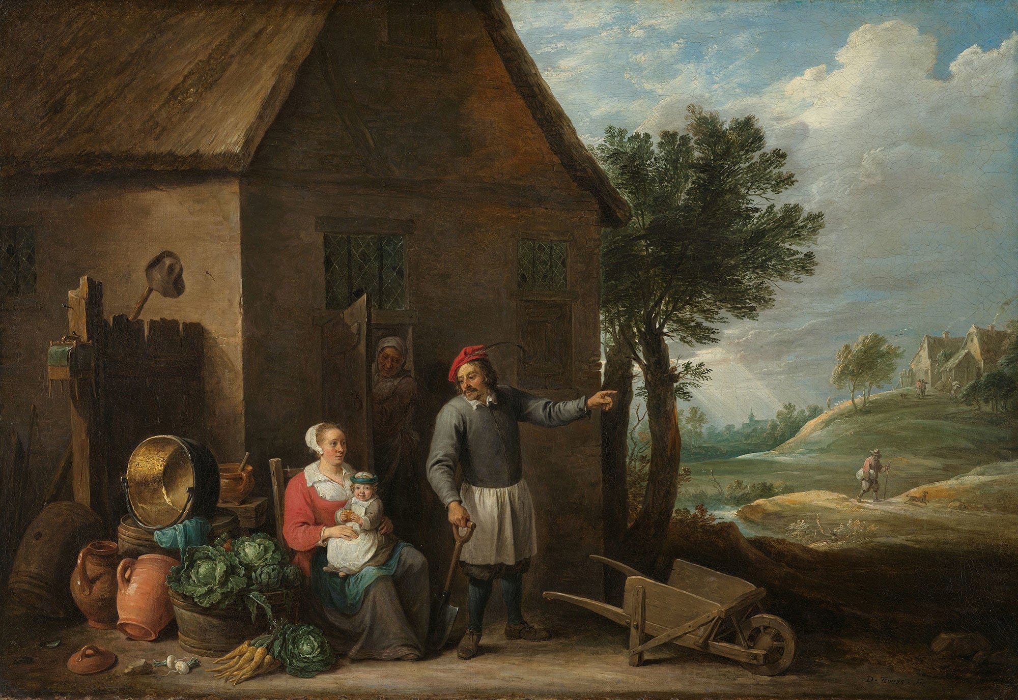 Husbandman At A Cottage Door With A Seated Woman And Child C by David Teniers The Younger