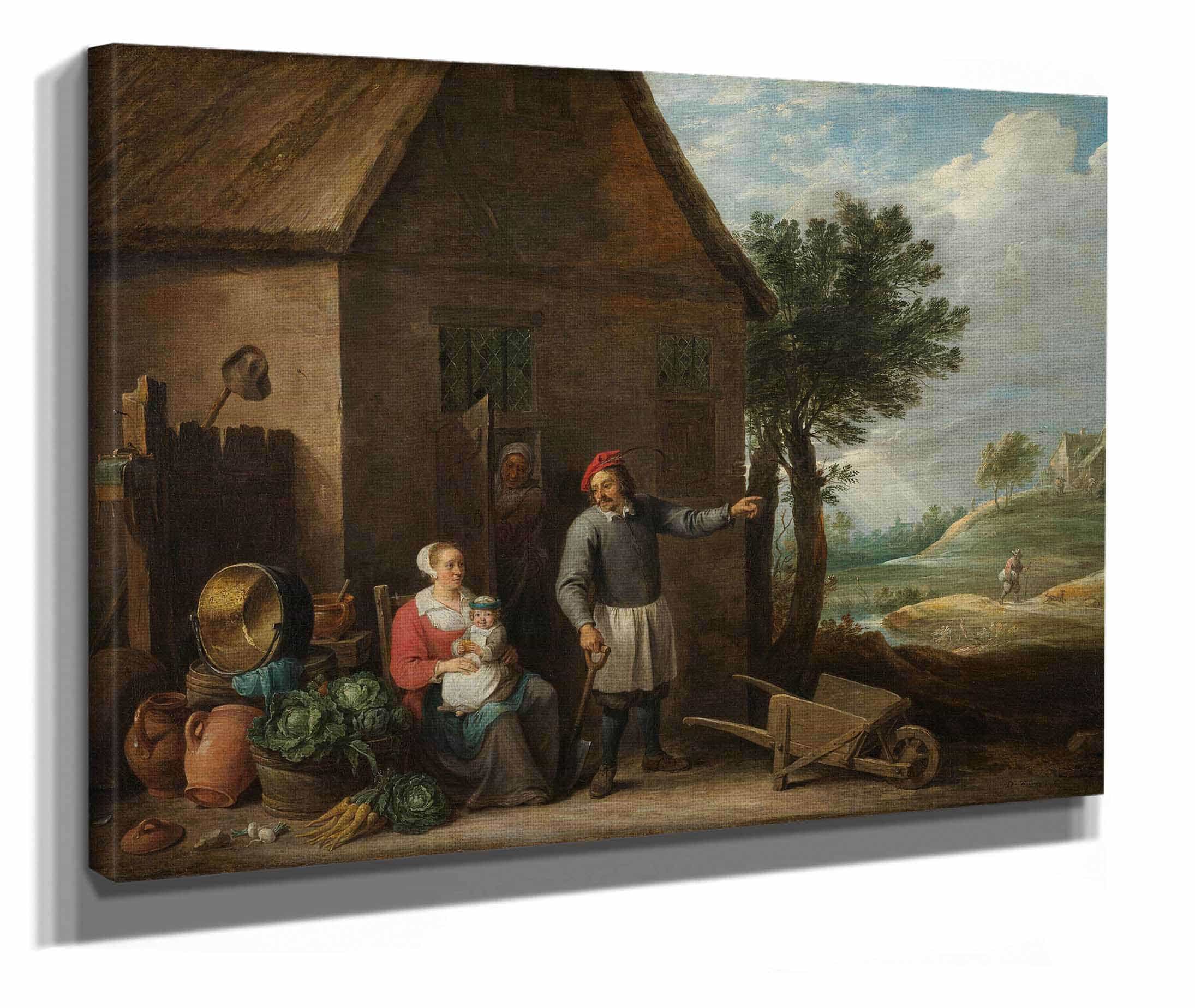 Husbandman At A Cottage Door With A Seated Woman And Child C by David Teniers The Younger