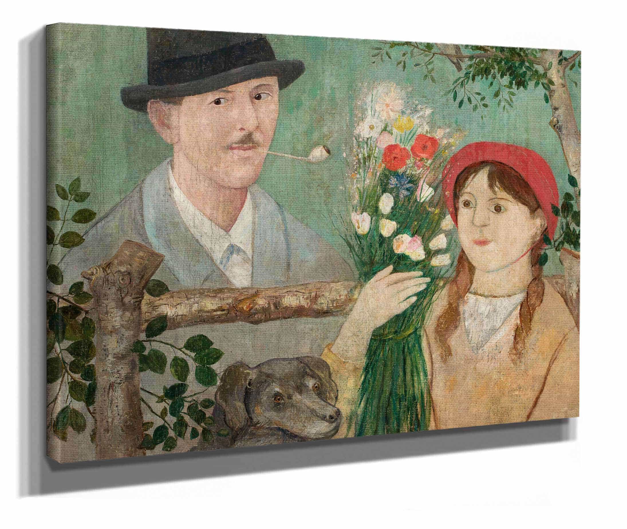 Idyll Beside A Fence Self Portrait Girl With Flowers And Dog by Tadeusz Makowski