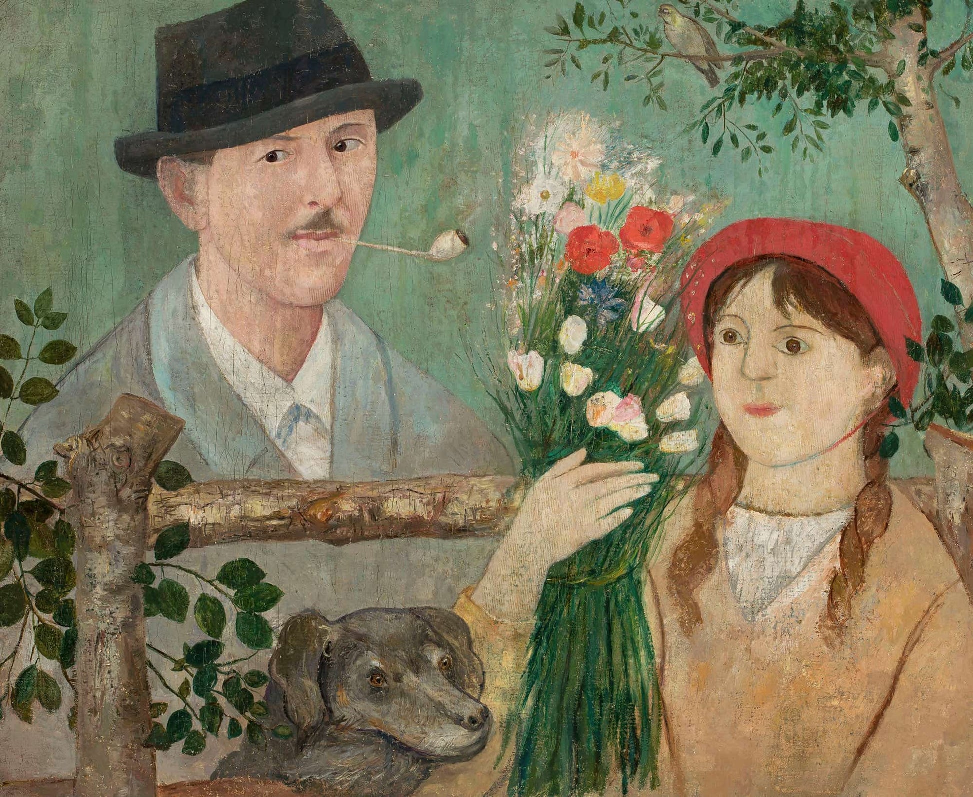 Idyll Beside A Fence Self Portrait Girl With Flowers And Dog by Tadeusz Makowski