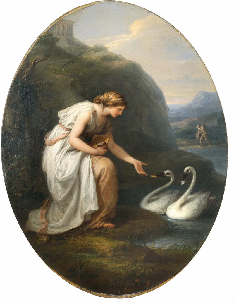 Immortalia The Nymph Of Immortality Receiving Nameplates From Two Swans by Angelica Kauffmann