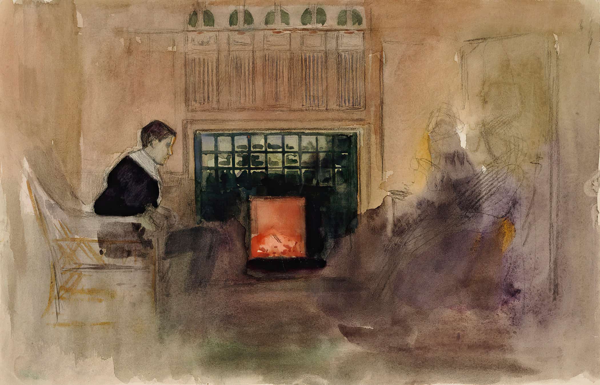 Interioori Taiteilijan Huvilalta Kilosta Erik Istumassa Uunin Vieressa By Albert Edelfelt