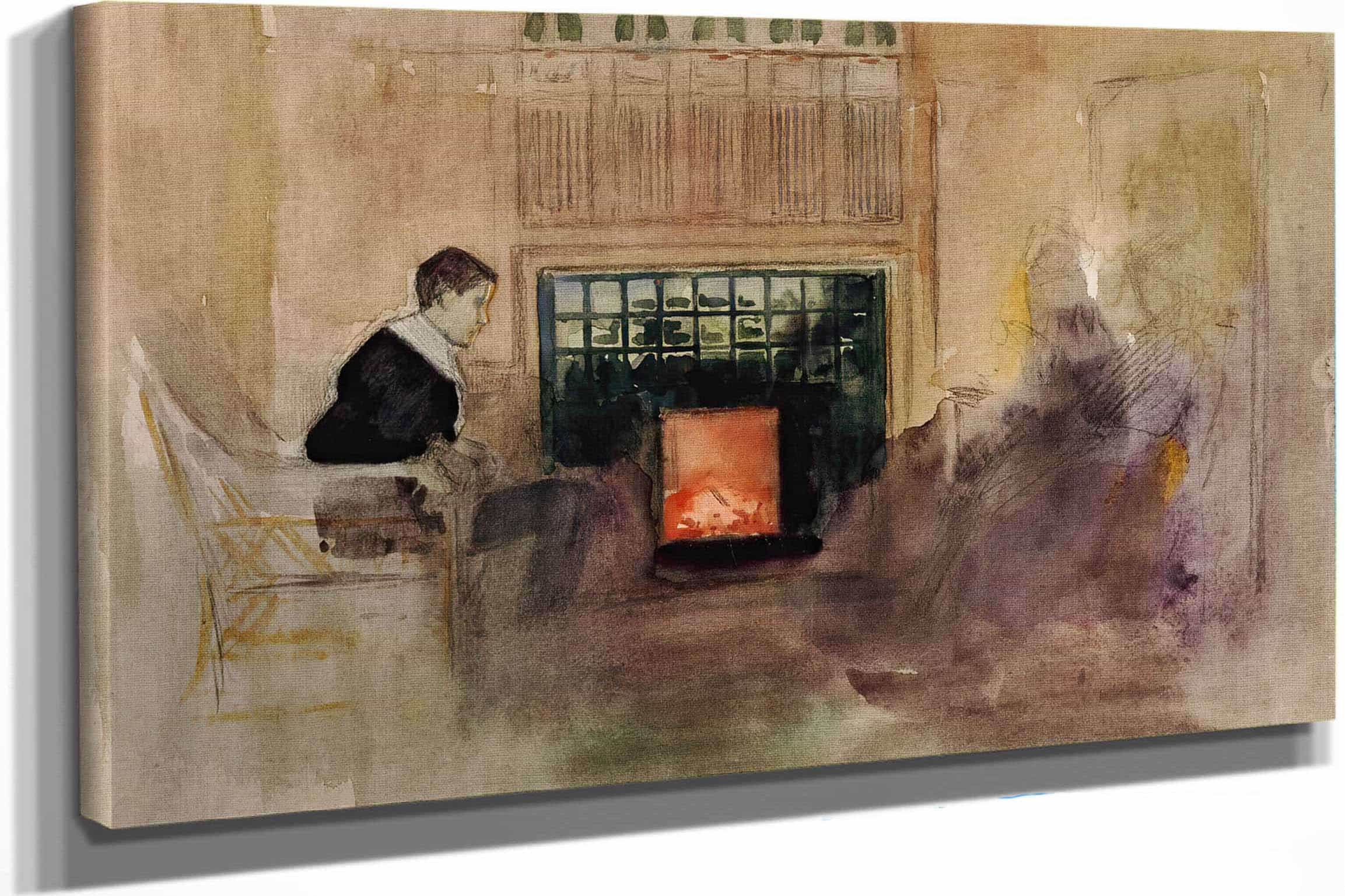 Interioori Taiteilijan Huvilalta Kilosta Erik Istumassa Uunin Vieressa By Albert Edelfelt