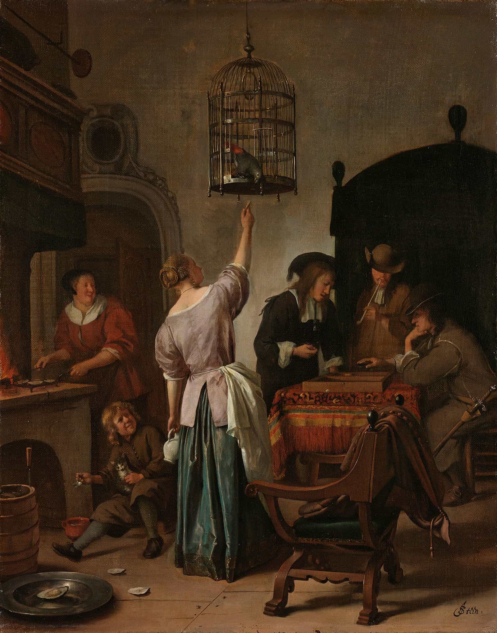 Interior With A Woman Feeding A Parrot Known As The Parrot Cage C by Jan Steen