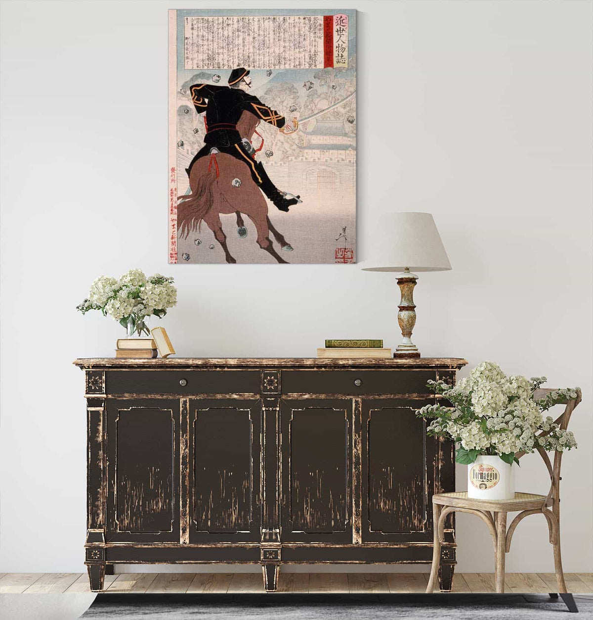 Isobayashi Taii On Horseback At Castle Gate With Falling Stones by Tsukioka Yoshitoshi