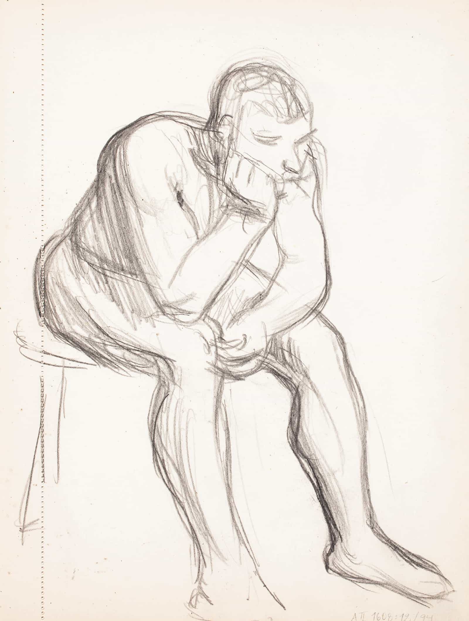 Istuva Alaston Mies Miettii Luonnos by Magnus Enckell