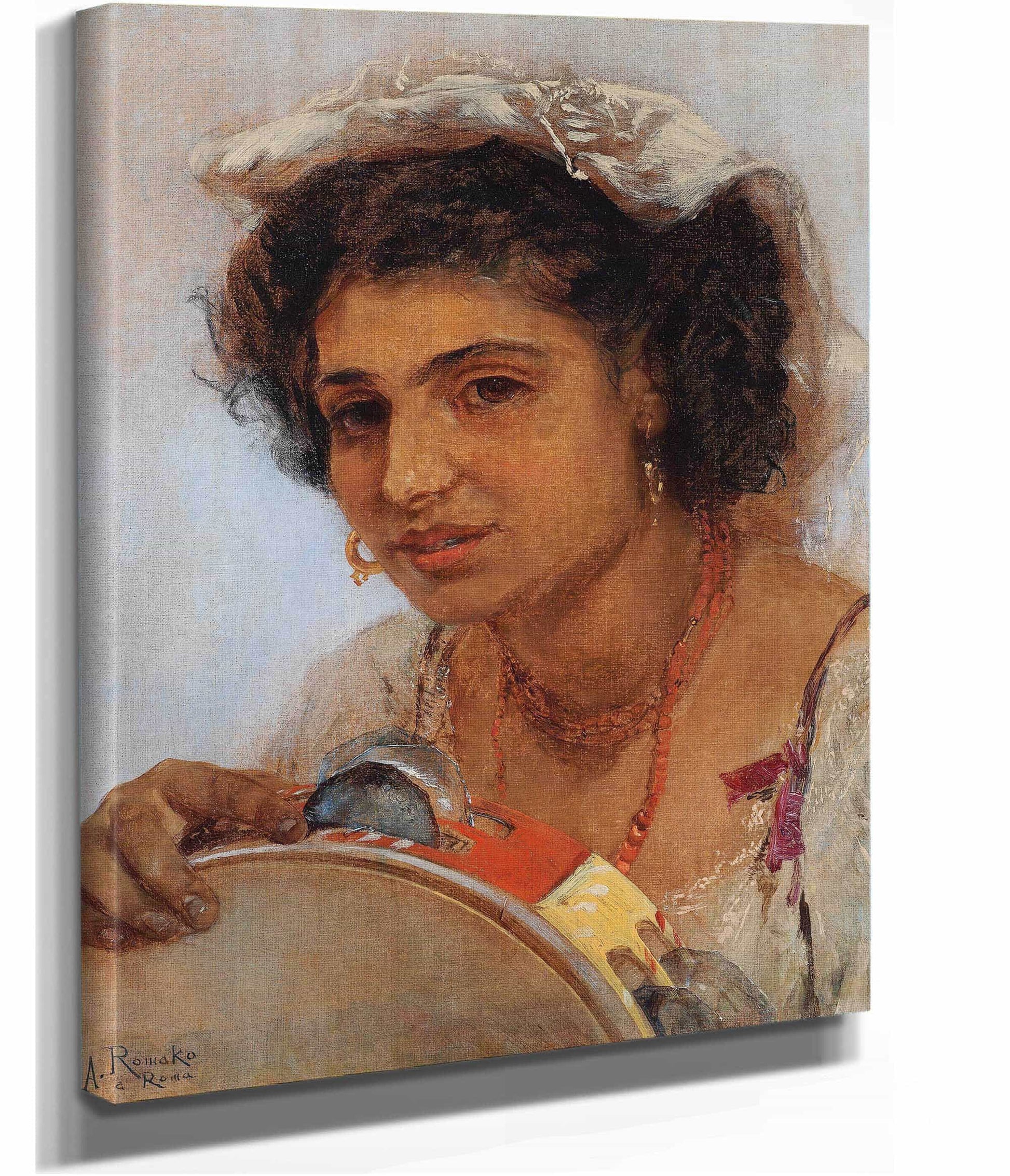 Italienisches Madchen Mit Kopftuch Und Tamburin by Anton Romako