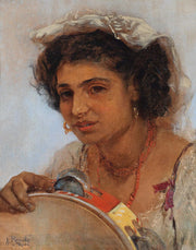 Italienisches Madchen Mit Kopftuch Und Tamburin by Anton Romako