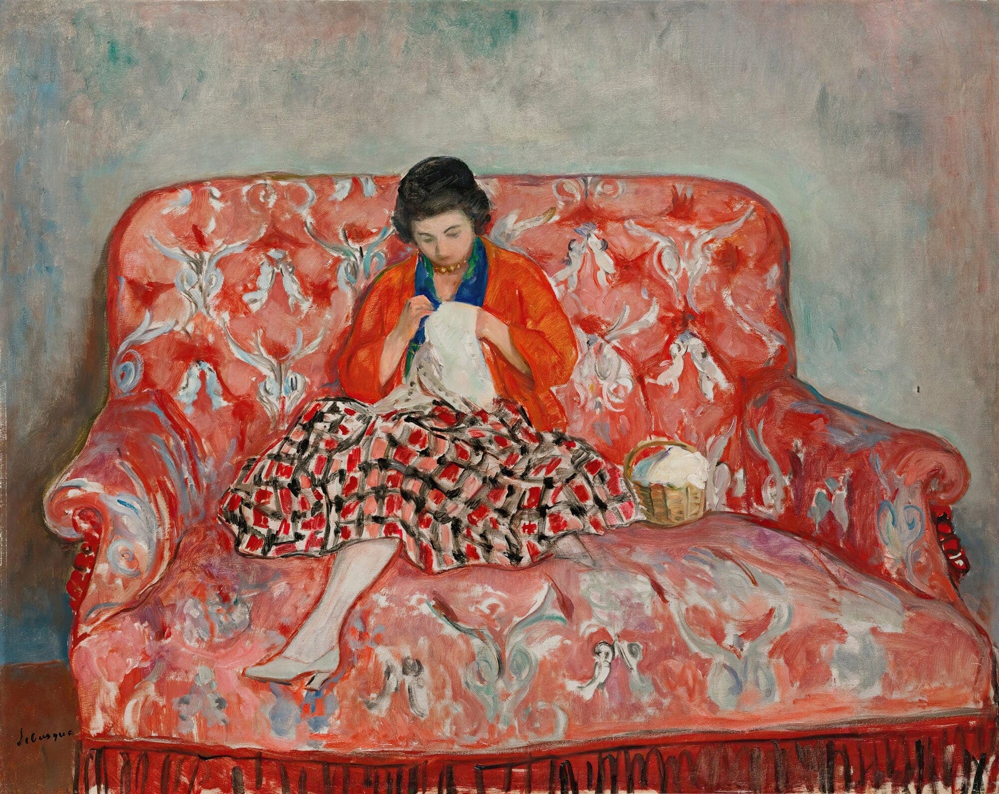 Jeune Fille Cousant Sur Un Canape by Henri Lebasque