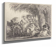 Joseph Kneels With The Child Before Mary On The Donkey  by Giovanni Domenico Tiepolo
