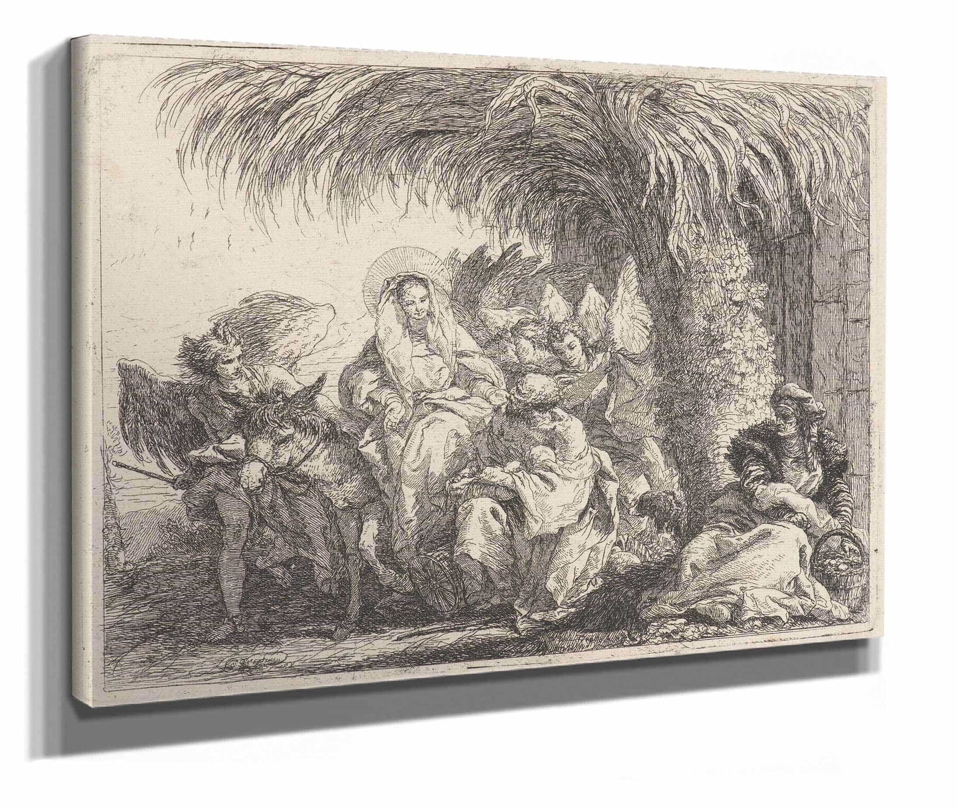 Joseph Kneels With The Child Before Mary On The Donkey  by Giovanni Domenico Tiepolo