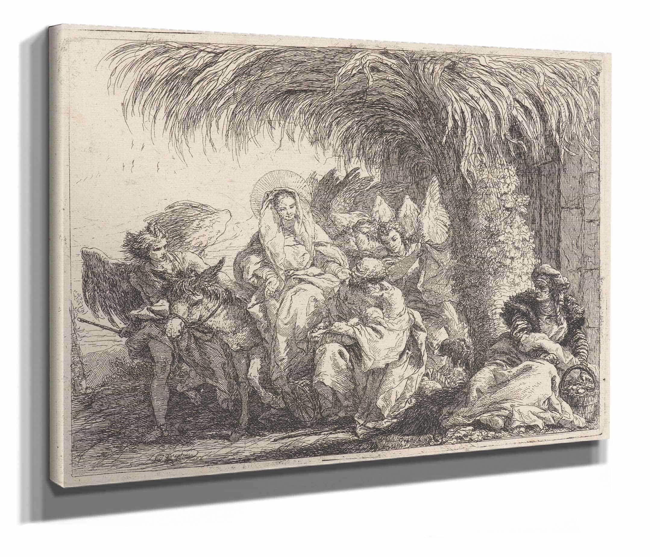 Joseph Kneels With The Child Before Mary On The Donkey  by Giovanni Domenico Tiepolo