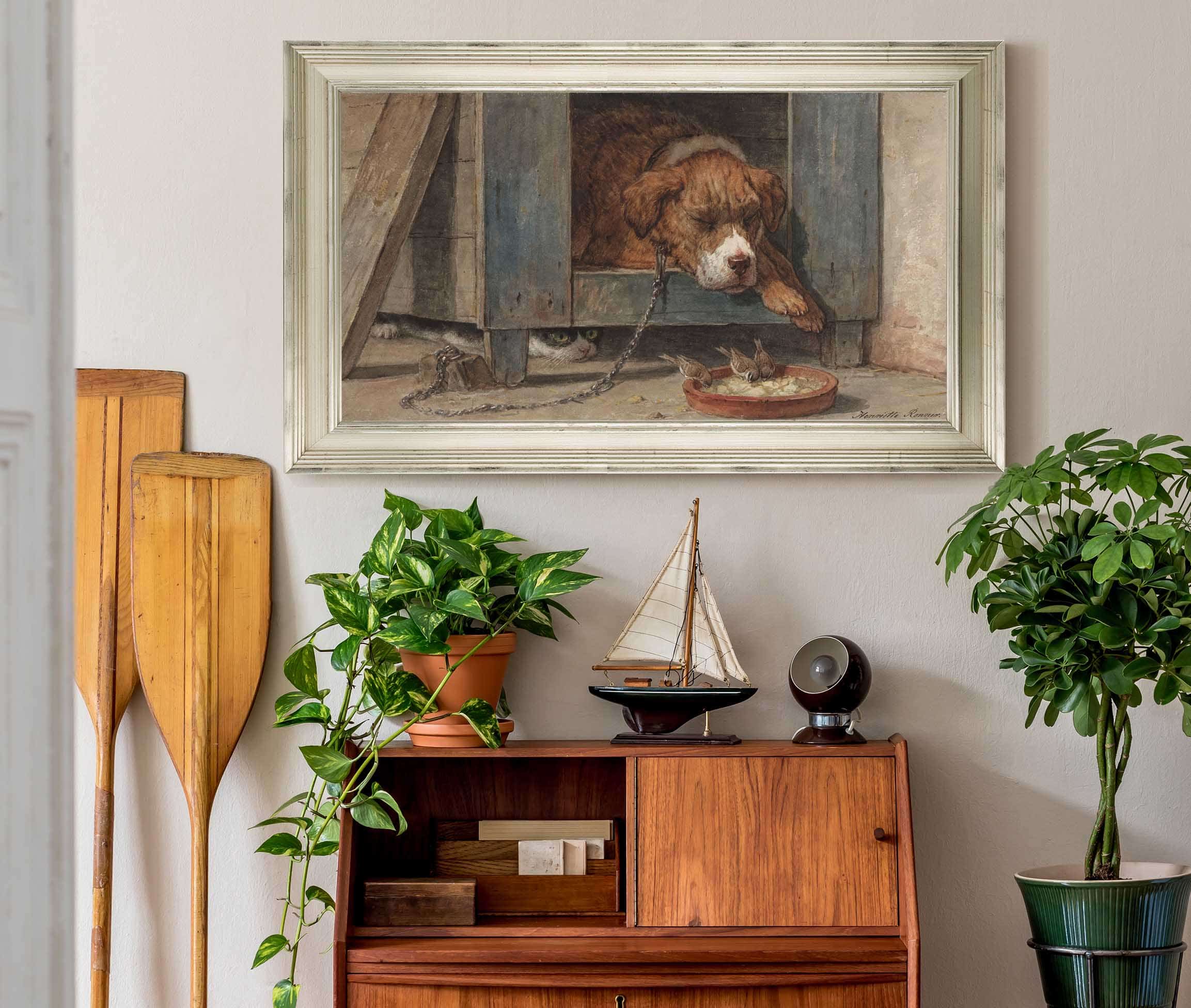 Kat Bespiedt Vogels Bij Een Slapende Hond  by Henriette Ronner Knip