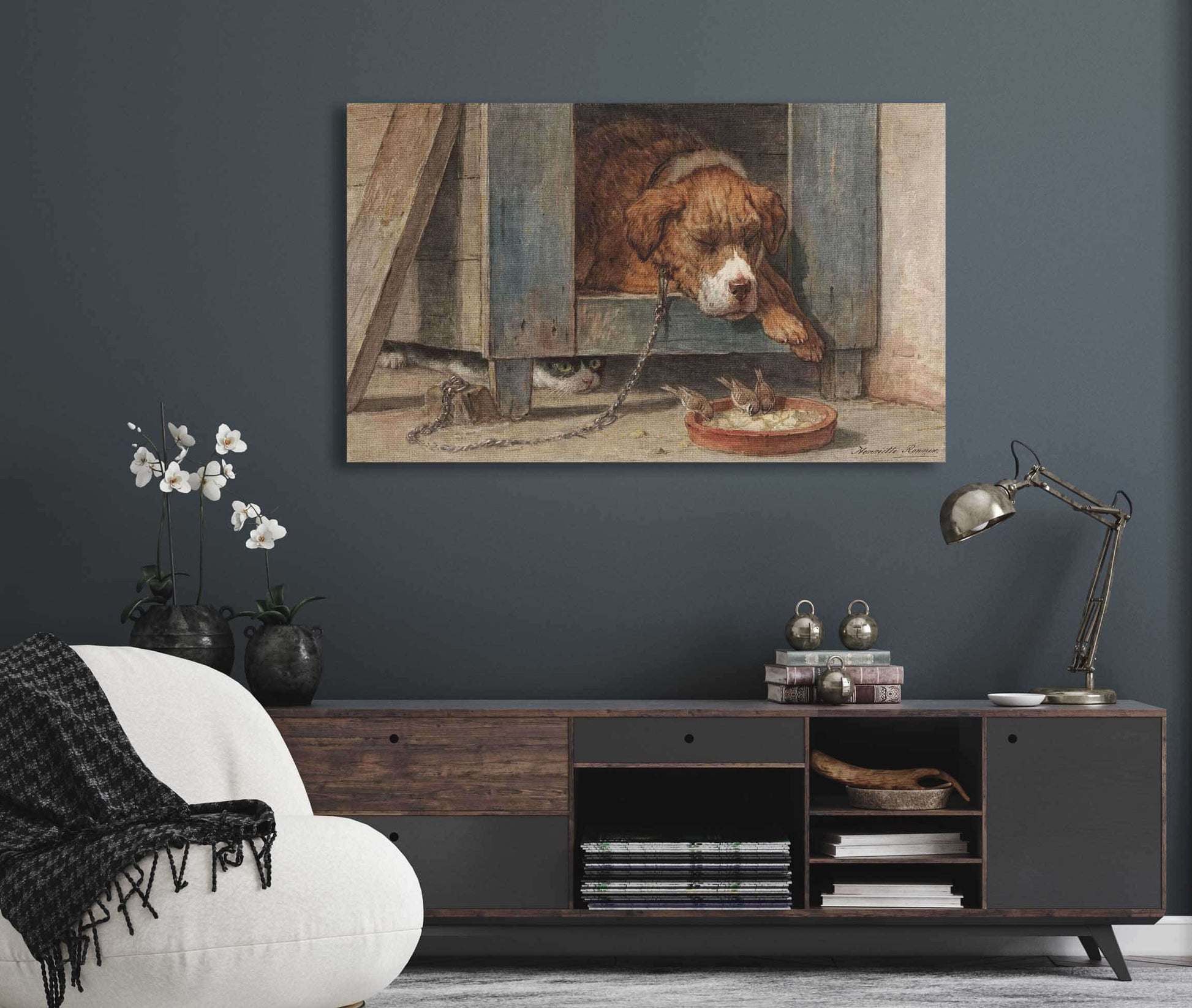 Kat Bespiedt Vogels Bij Een Slapende Hond  by Henriette Ronner Knip