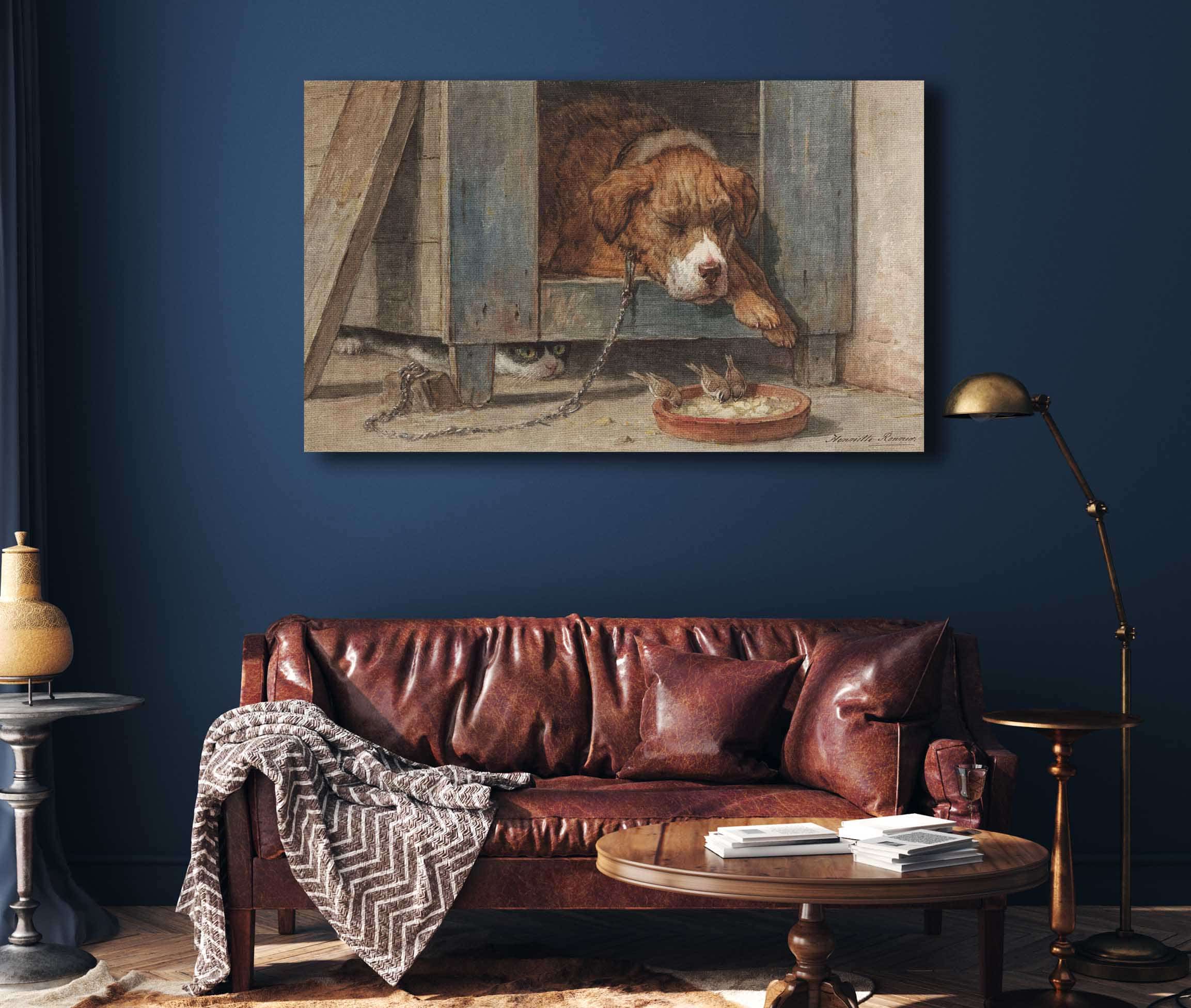 Kat Bespiedt Vogels Bij Een Slapende Hond  by Henriette Ronner Knip