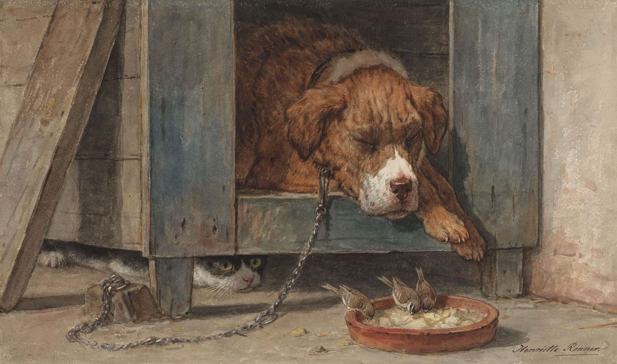 Kat Bespiedt Vogels Bij Een Slapende Hond  by Henriette Ronner Knip