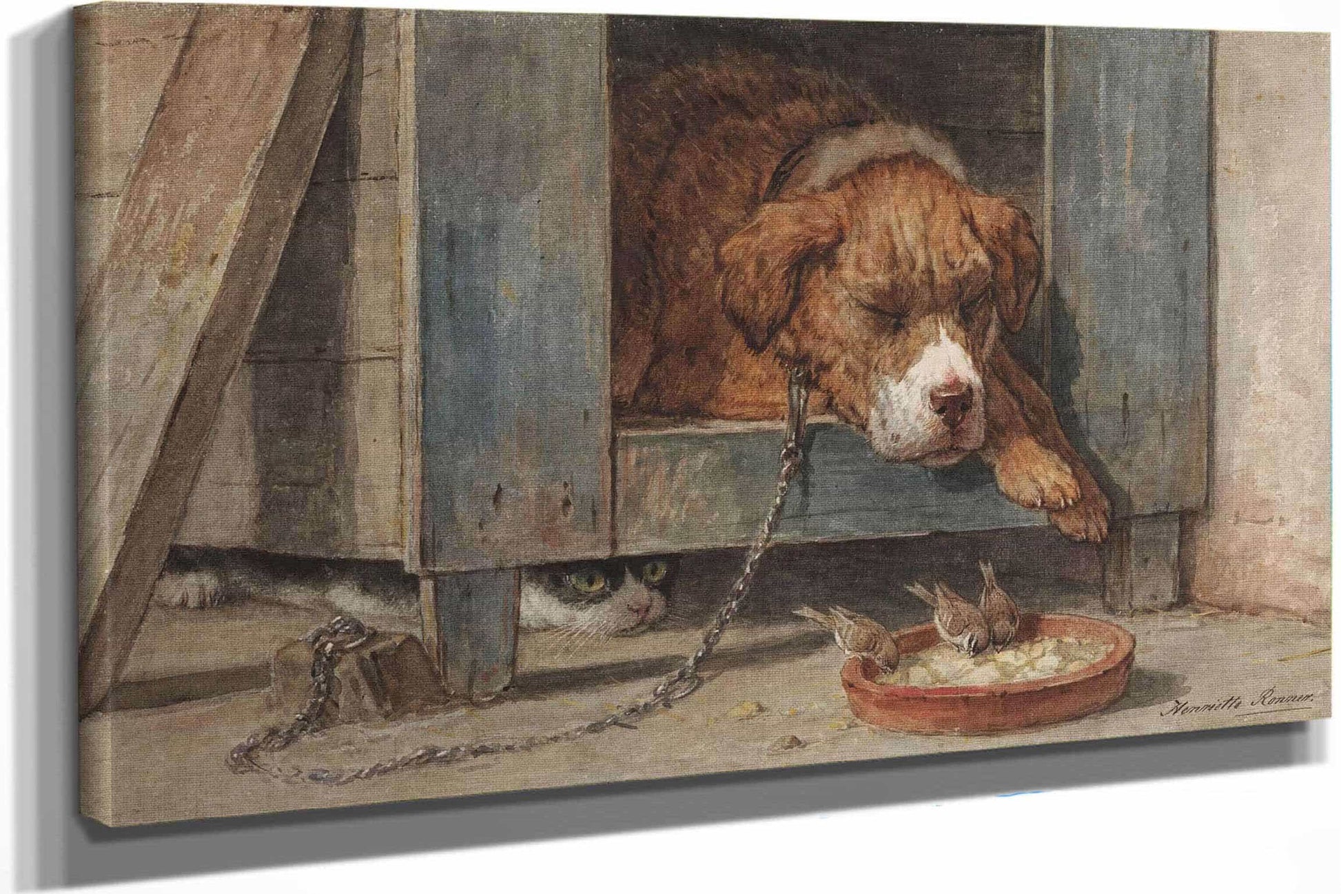 Kat Bespiedt Vogels Bij Een Slapende Hond  by Henriette Ronner Knip