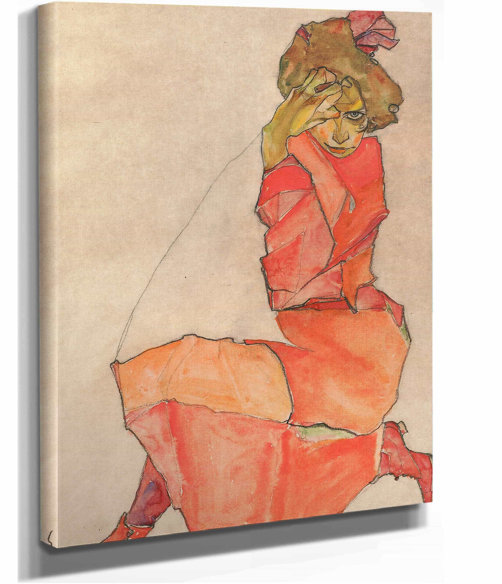 Kneeling Female In Orange Red Dress by Egon Schiele