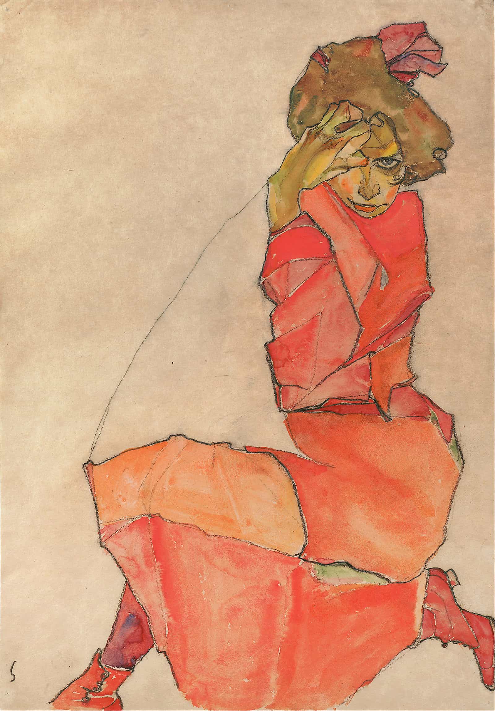 Kneeling Female In Orange Red Dress by Egon Schiele