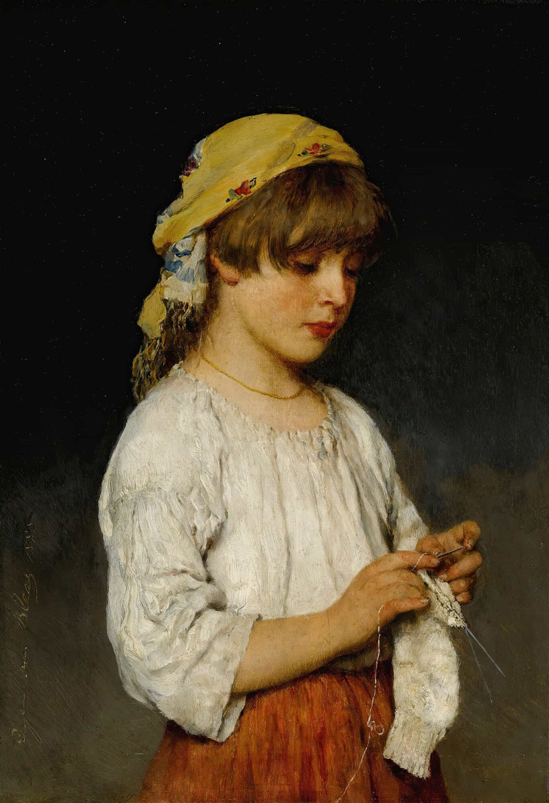 Knitting Girl With Headscarf by Eugen Von Blaas