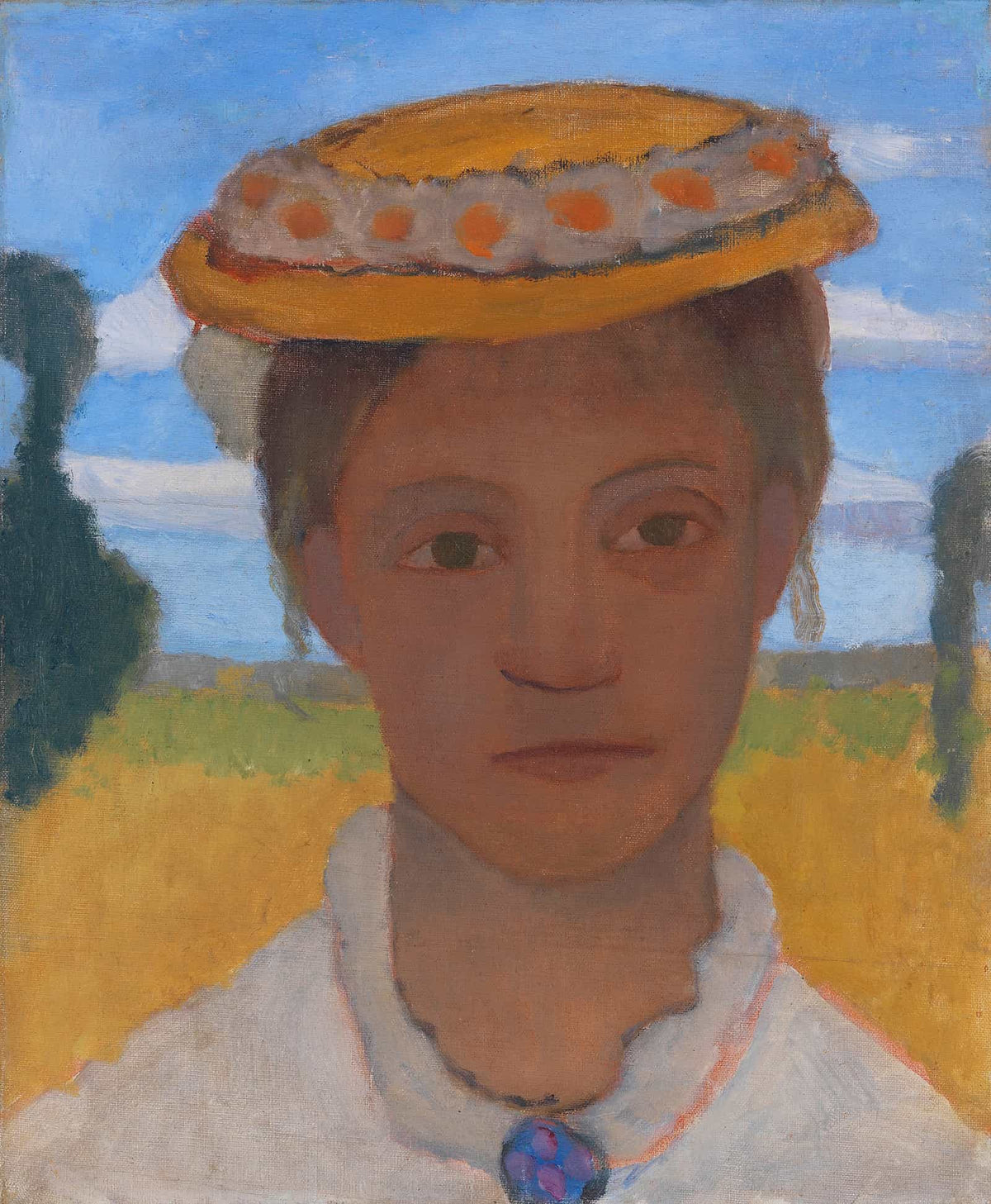 Kopf Der Schwester Herma Mit Marienblumchenkranz Auf Dem Hut by Paula Modersohn Becker