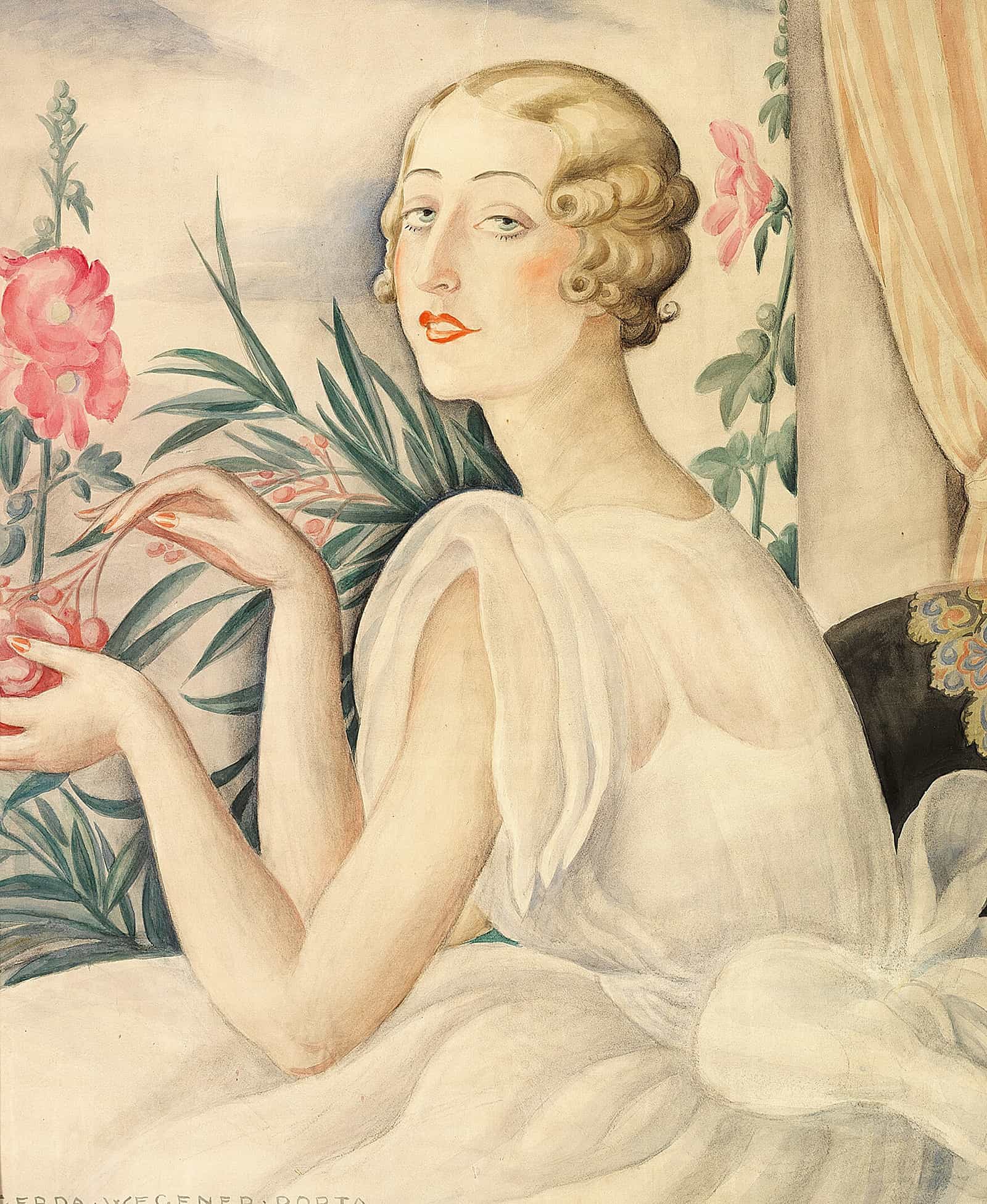 Kvinde I Hvid Kjole Siddende Ved Vindueskarm by Gerda Wegener