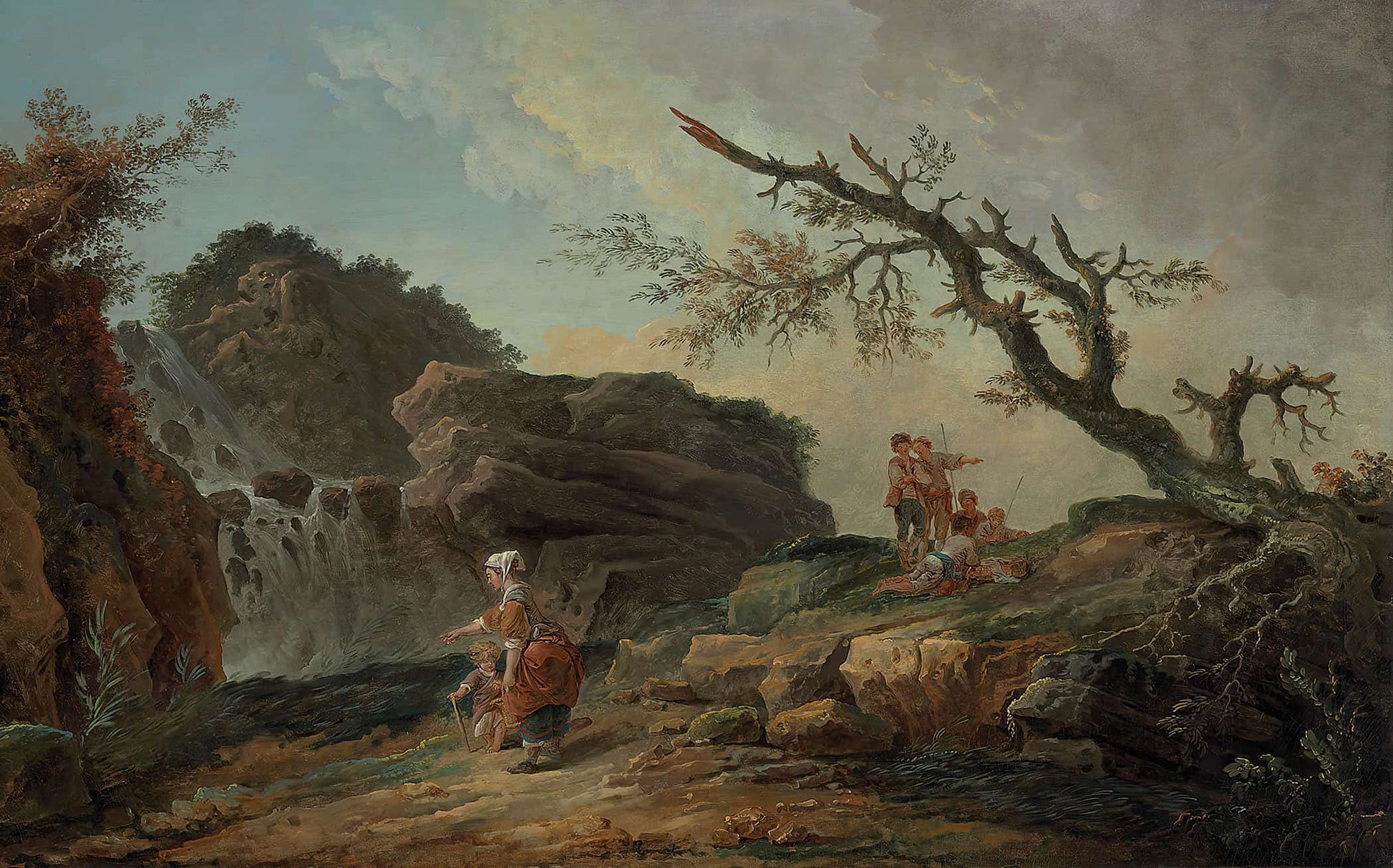 La Cascade A Rocky Hillside With A Peasant Woman And Child Near A Waterfall And Boys Resting By A Blasted Tree by Hubert Robert
