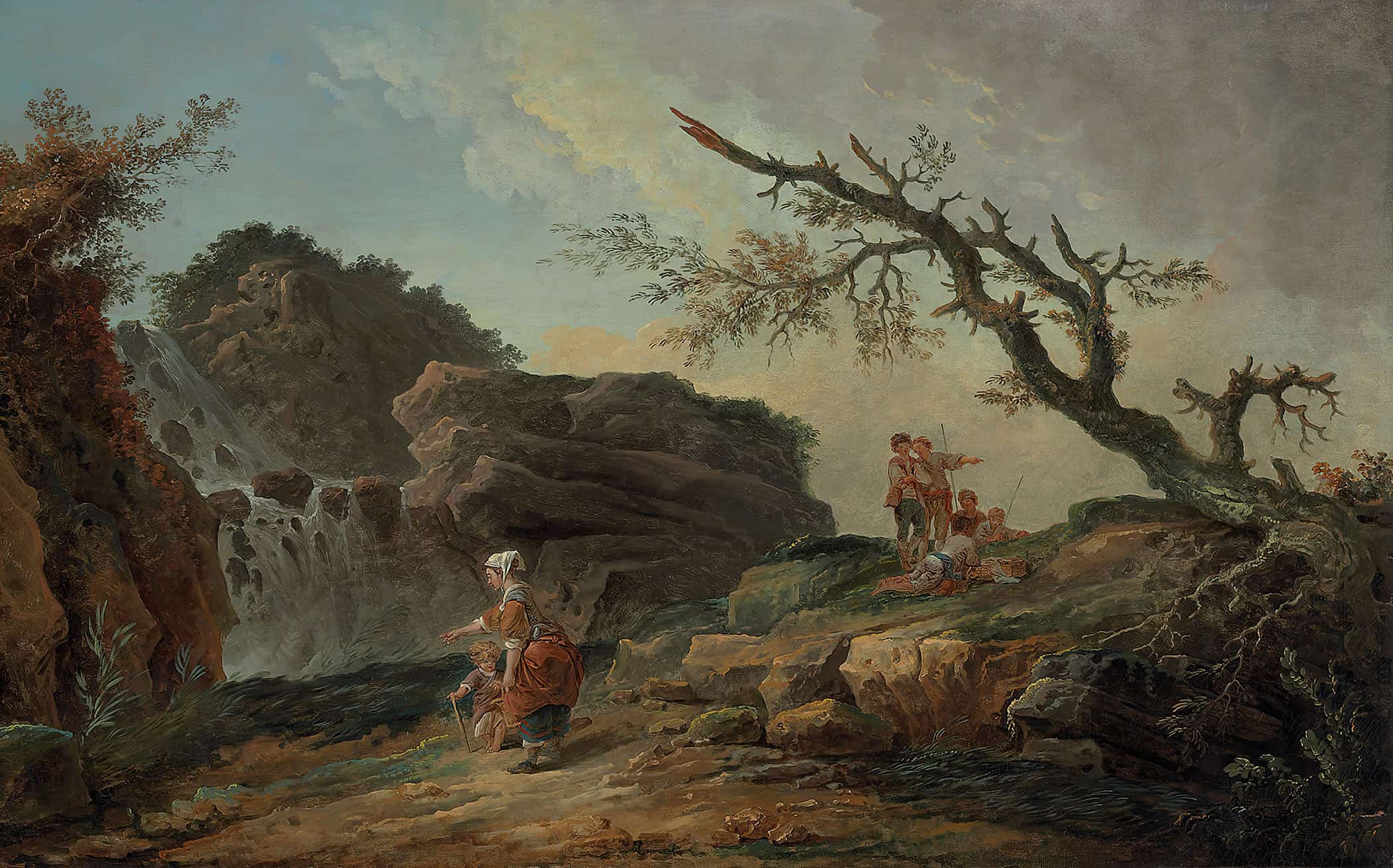La Cascade A Rocky Hillside With A Peasant Woman And Child Near A Waterfall And Boys Resting By A Blasted Tree by Hubert Robert